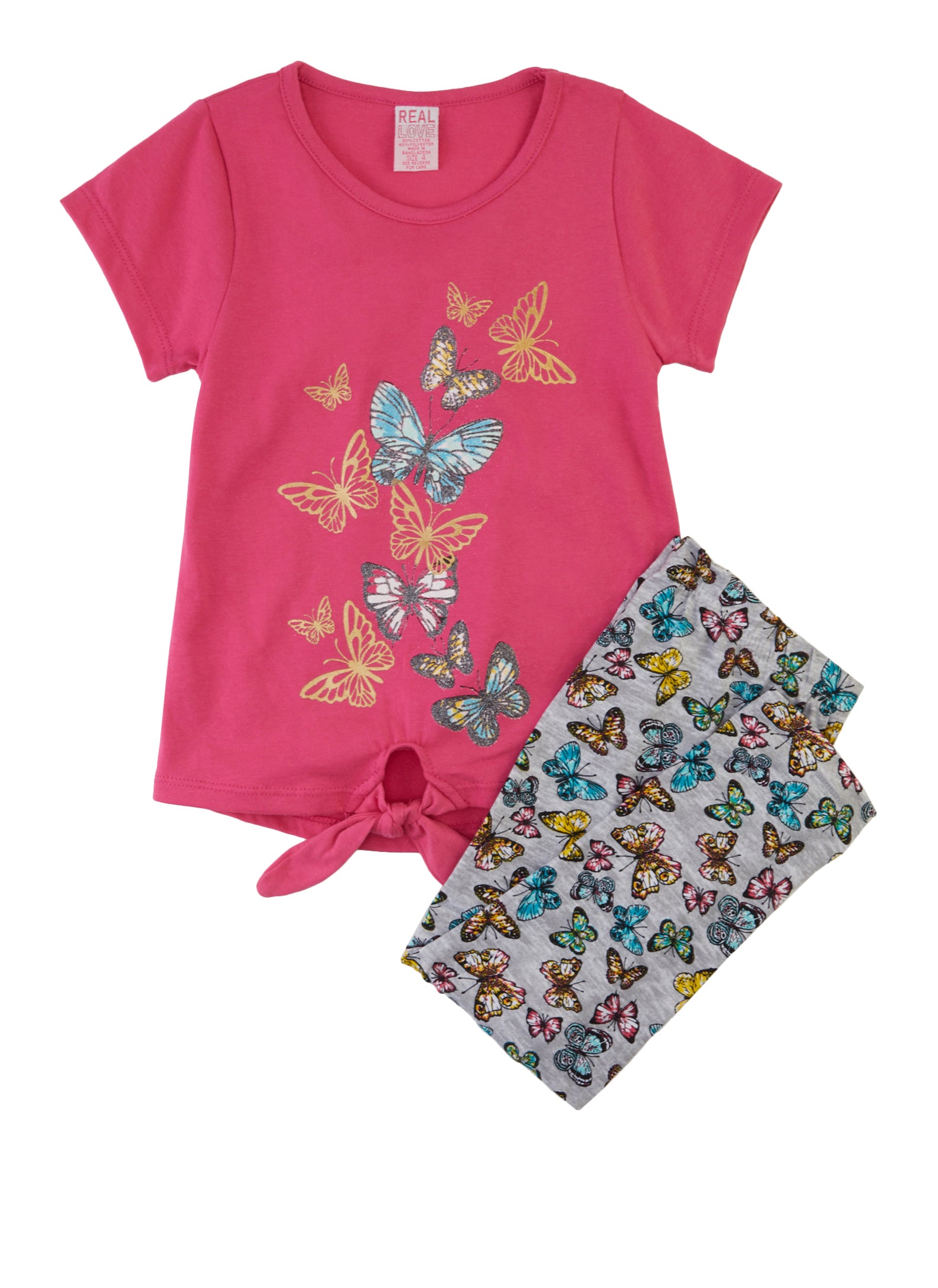 Little Girls Tie Front Butterfly Print Glitter Tee and Leggings - Pink
