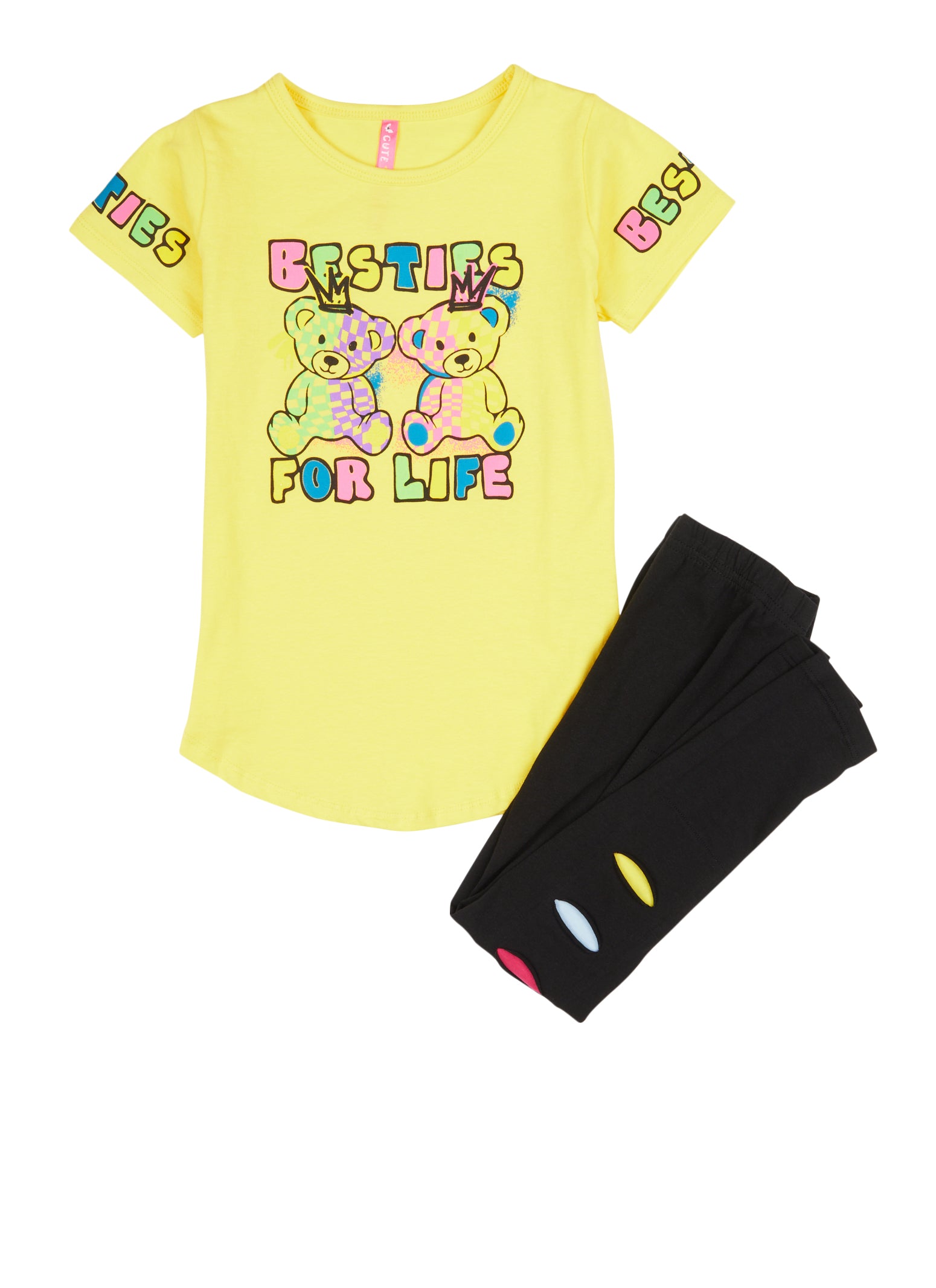 Little Girls Besties For Life Graphic Tee and Laser Cut Leggings - Yellow