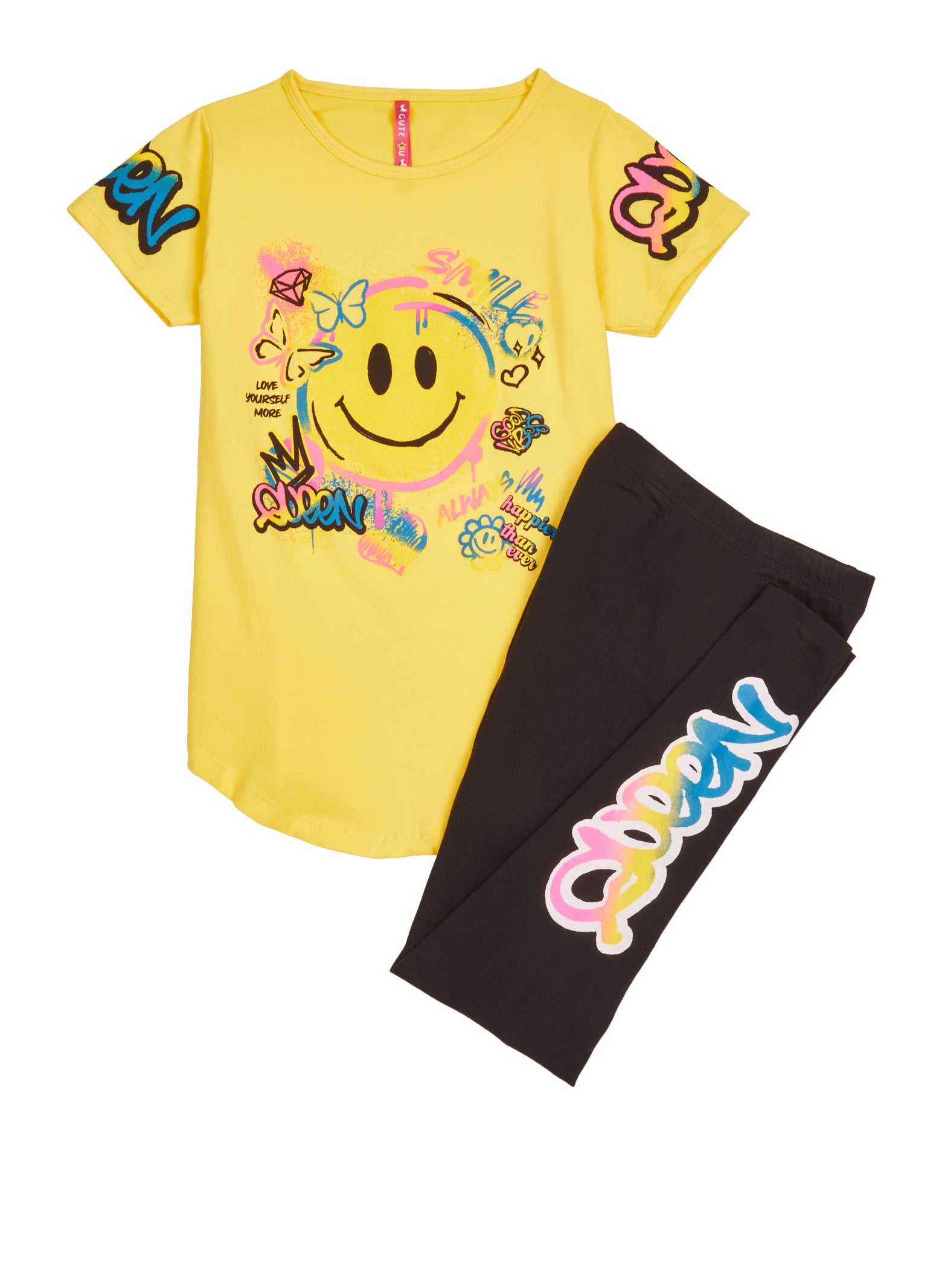 Rainbow Shops Girls Reversible Good Vibes Only Graphic Tee and Leggings,  Yellow, Size 14-16