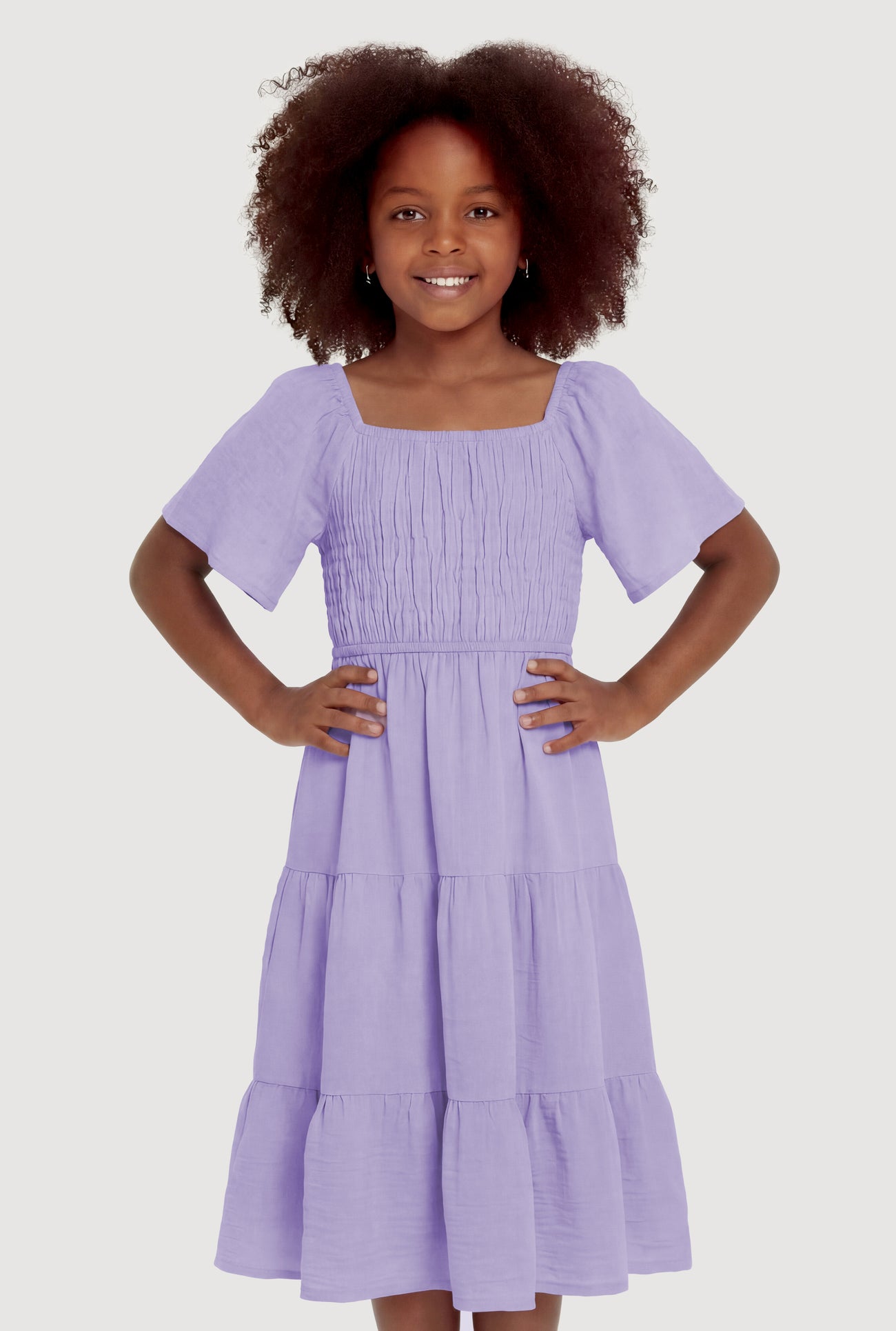 Little Girls Airy Crepe Knit Tiered Smocked Dress, Lavender, Size 5-6 - Rainbow Shops Little Girls Airy Crepe Knit Tiered Smocked Dress, Lavender, Size 5-6 - Rainbow Shops