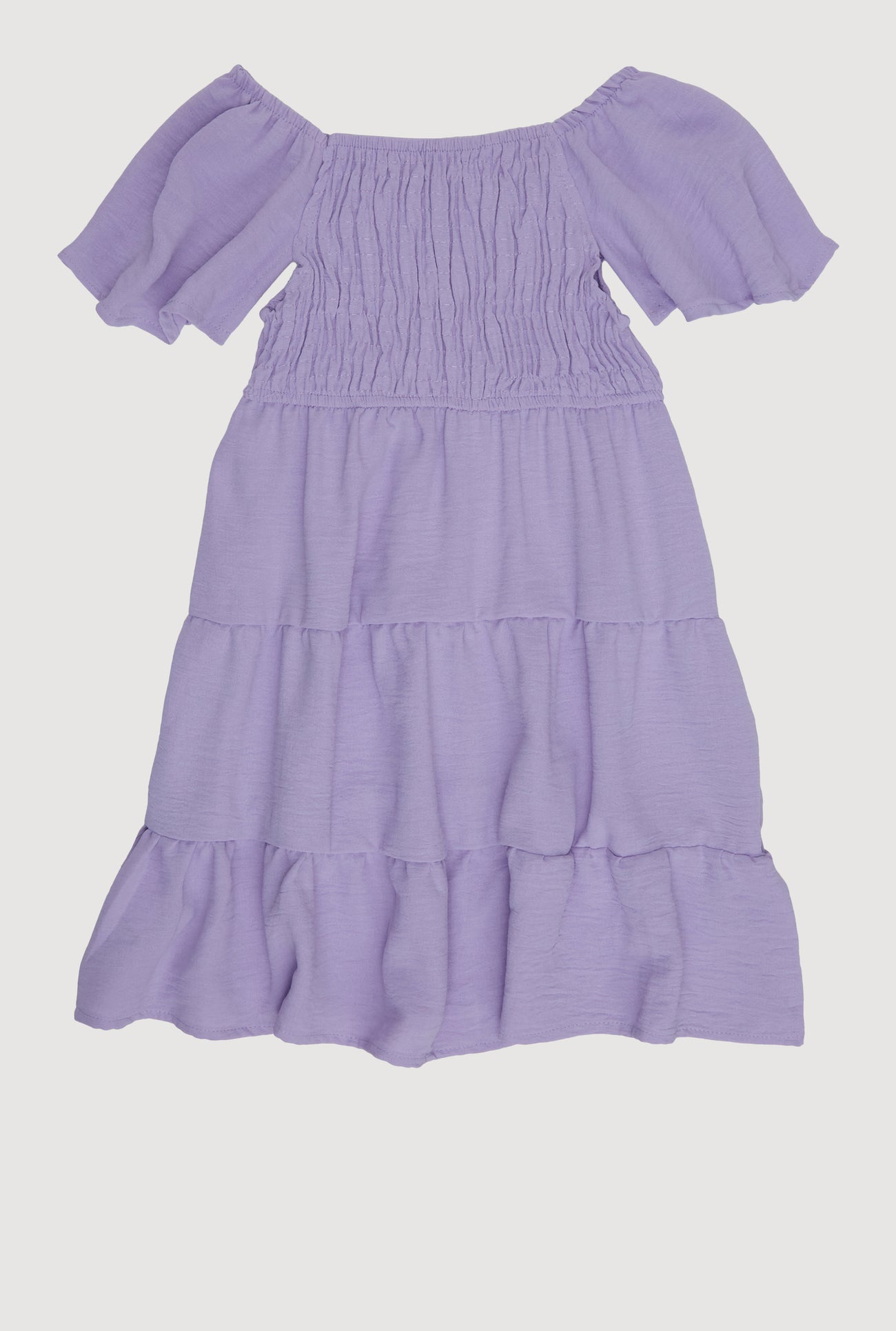 Little Girls Airy Crepe Knit Tiered Smocked Dress, Lavender, Size 5-6 - Rainbow Shops