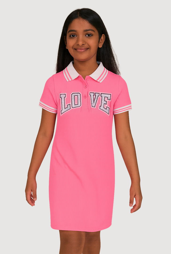 Toddler Girls Rib Knit Varsity Stripe Positive Vibes Dress