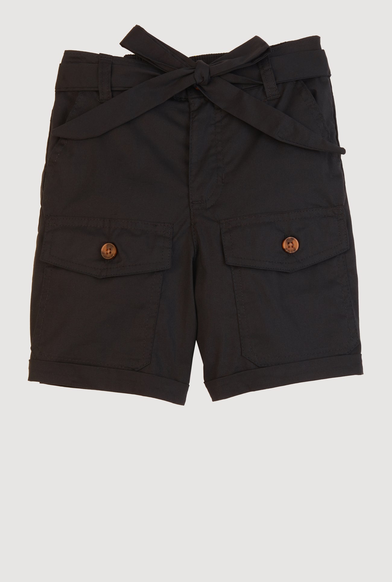 Girls Poplin Tie Waist Belted Cargo Pocket Shorts