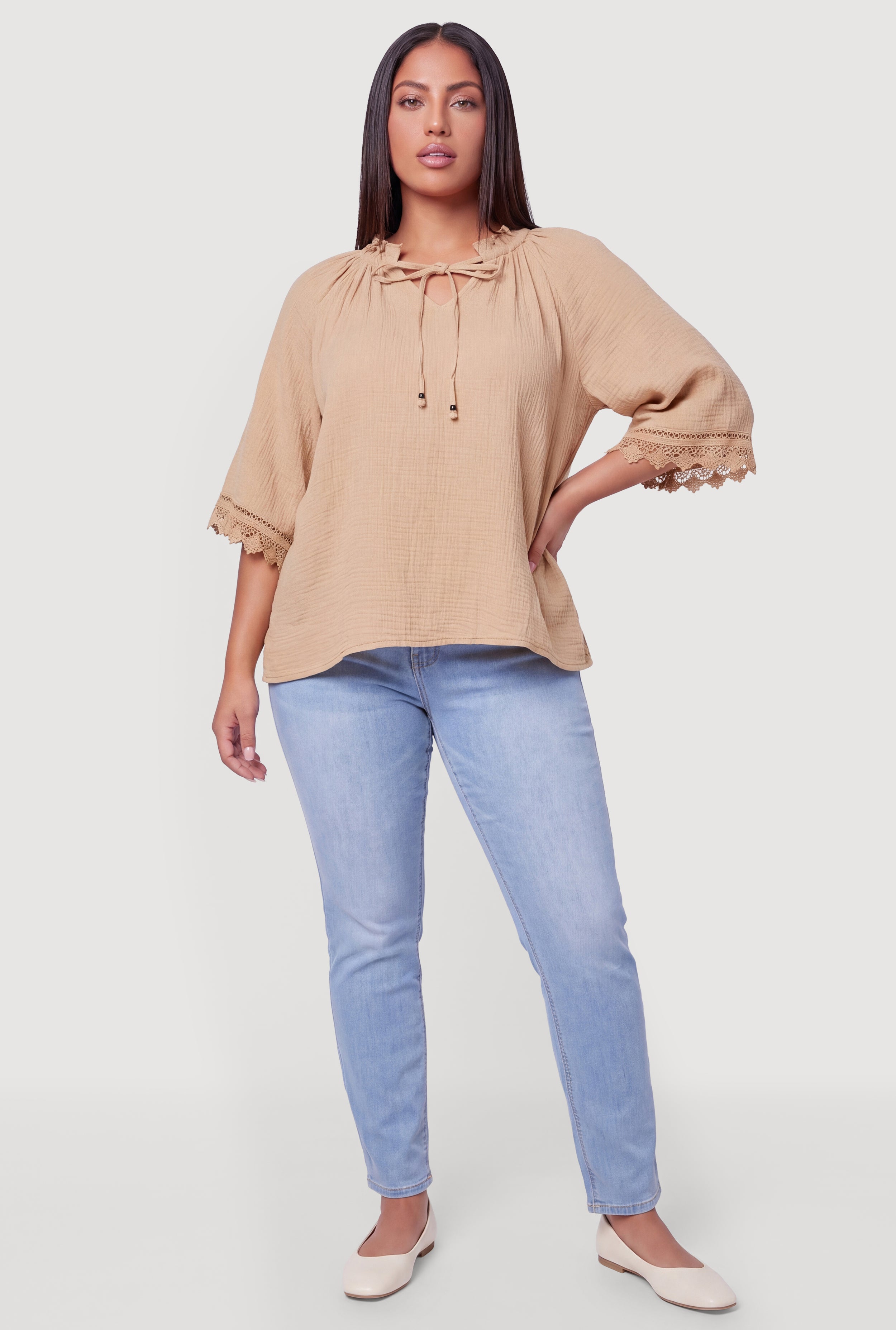 Plus Size Crochet Trim Gauze Knit Peasant Top