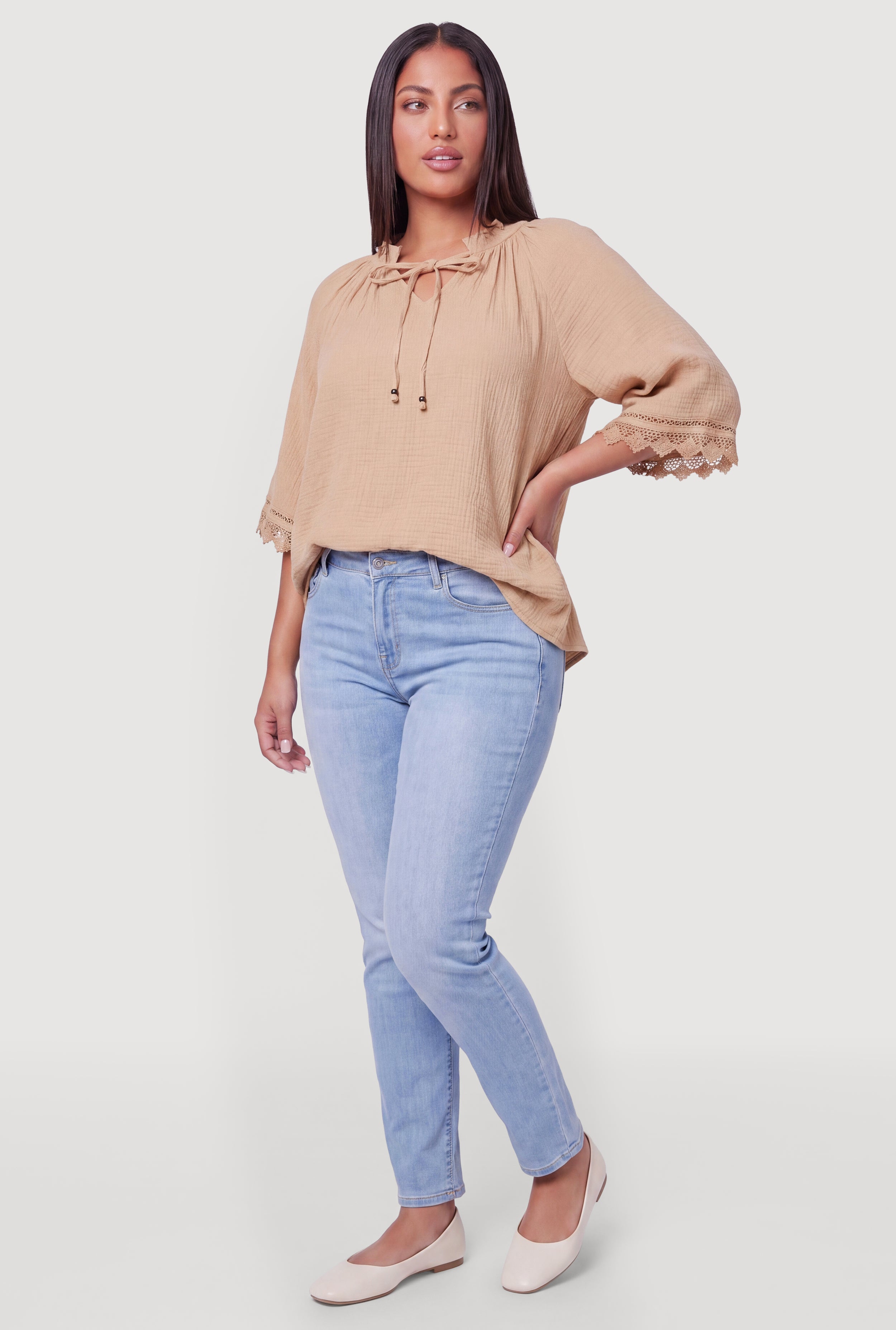 Plus Size Crochet Trim Gauze Knit Peasant Top