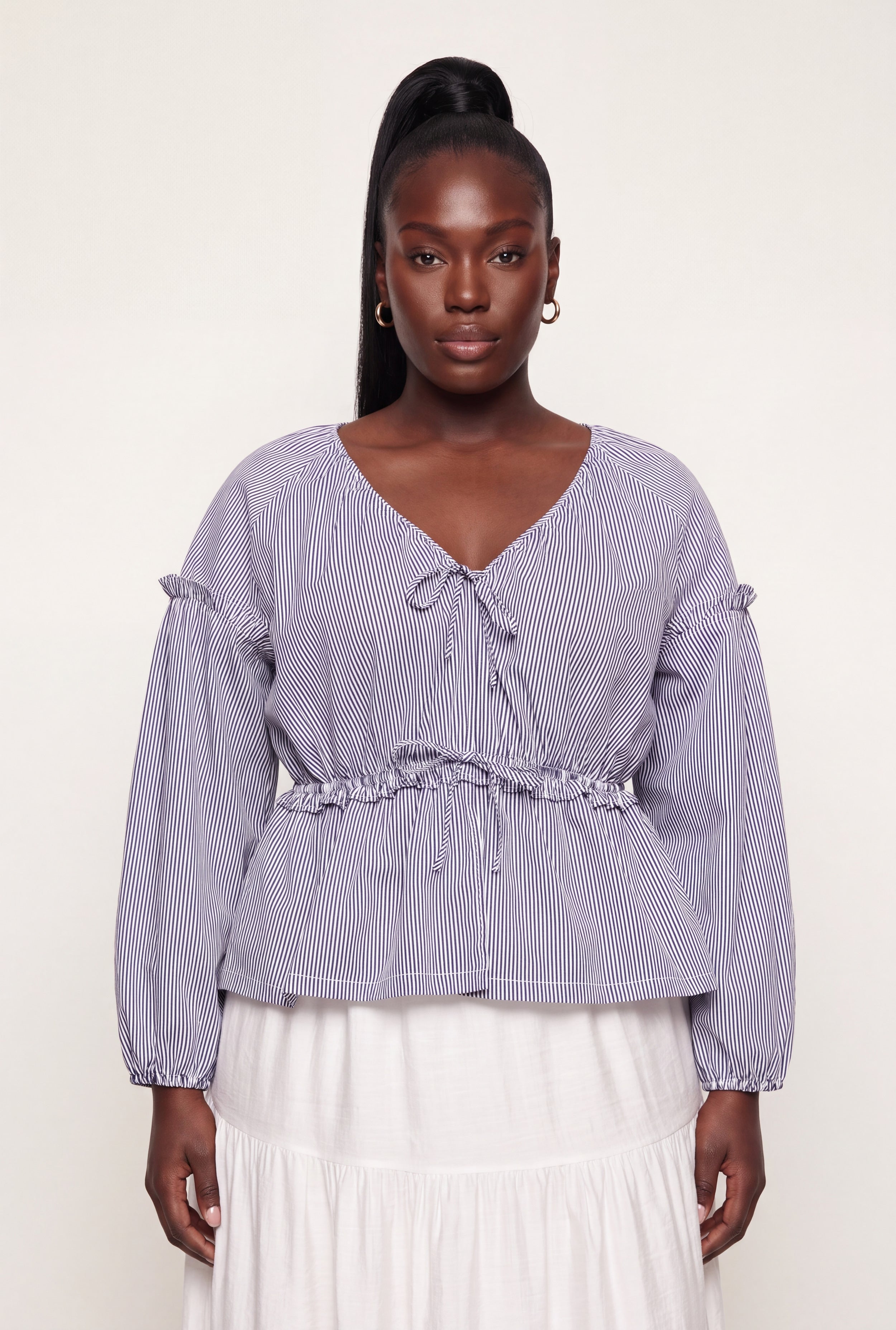 Plus Size Striped Bow Detail Ruffled Top