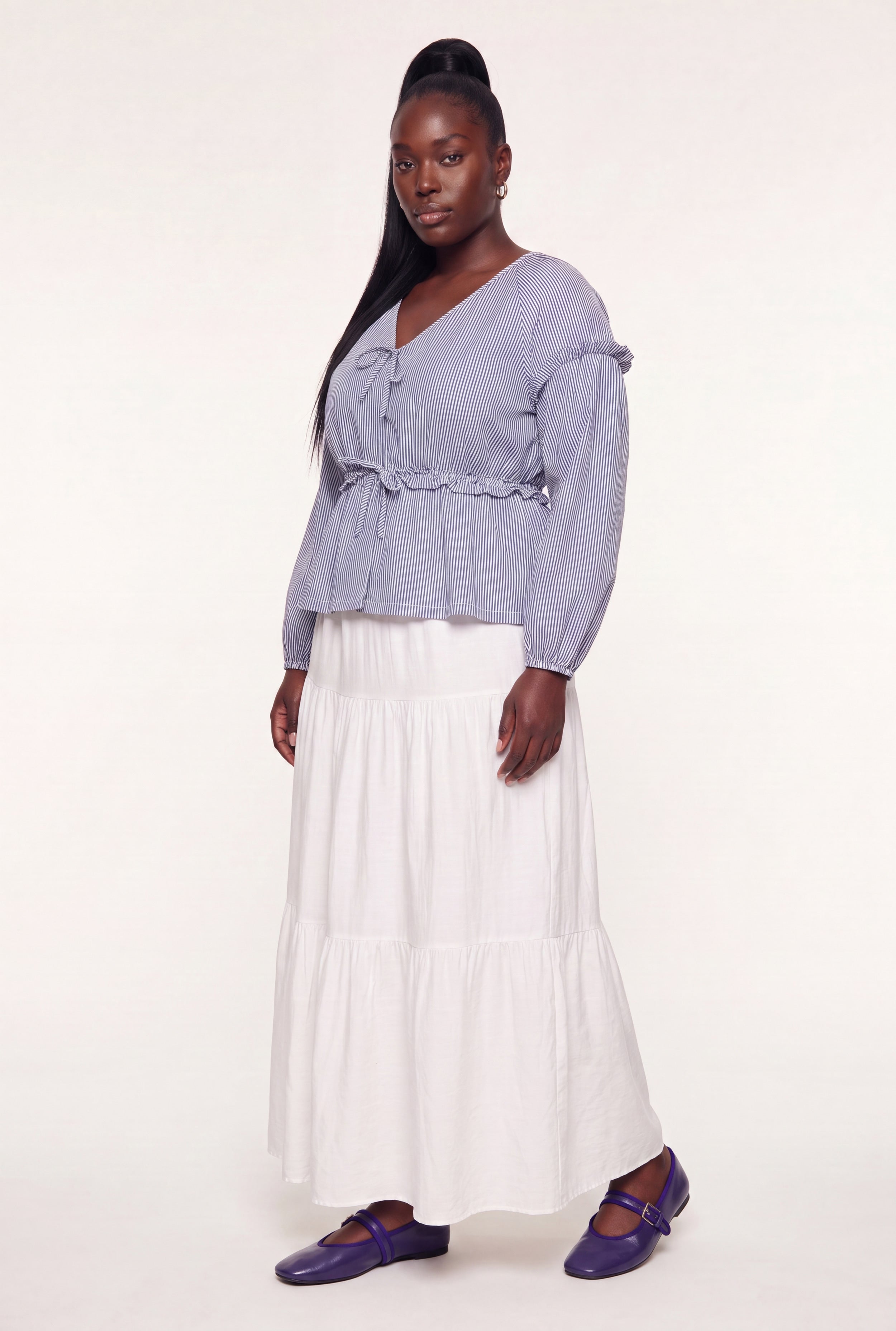 Plus Size Striped Bow Detail Ruffled Top