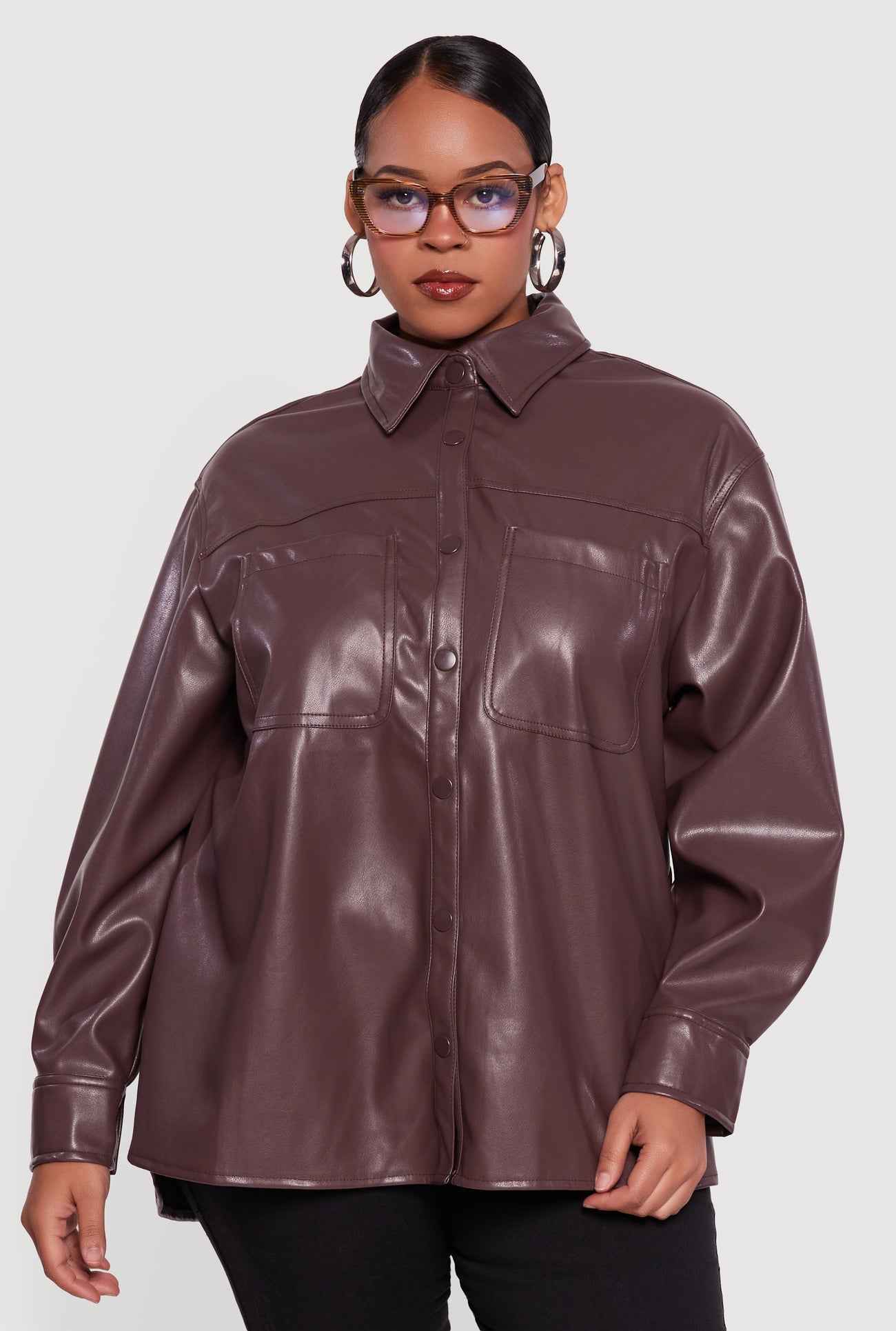 Plus Size Faux Leather Snap Button Front Shacket