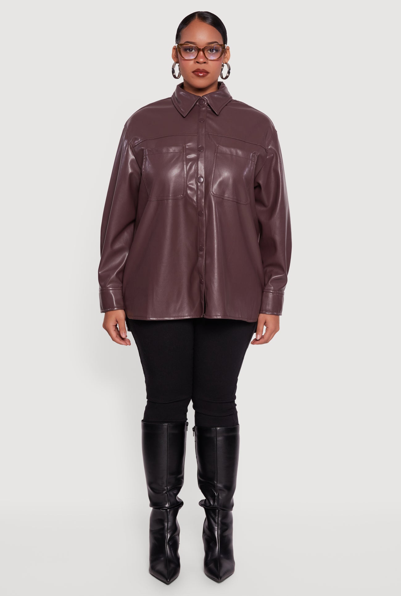 Plus Size Faux Leather Snap Button Front Shacket