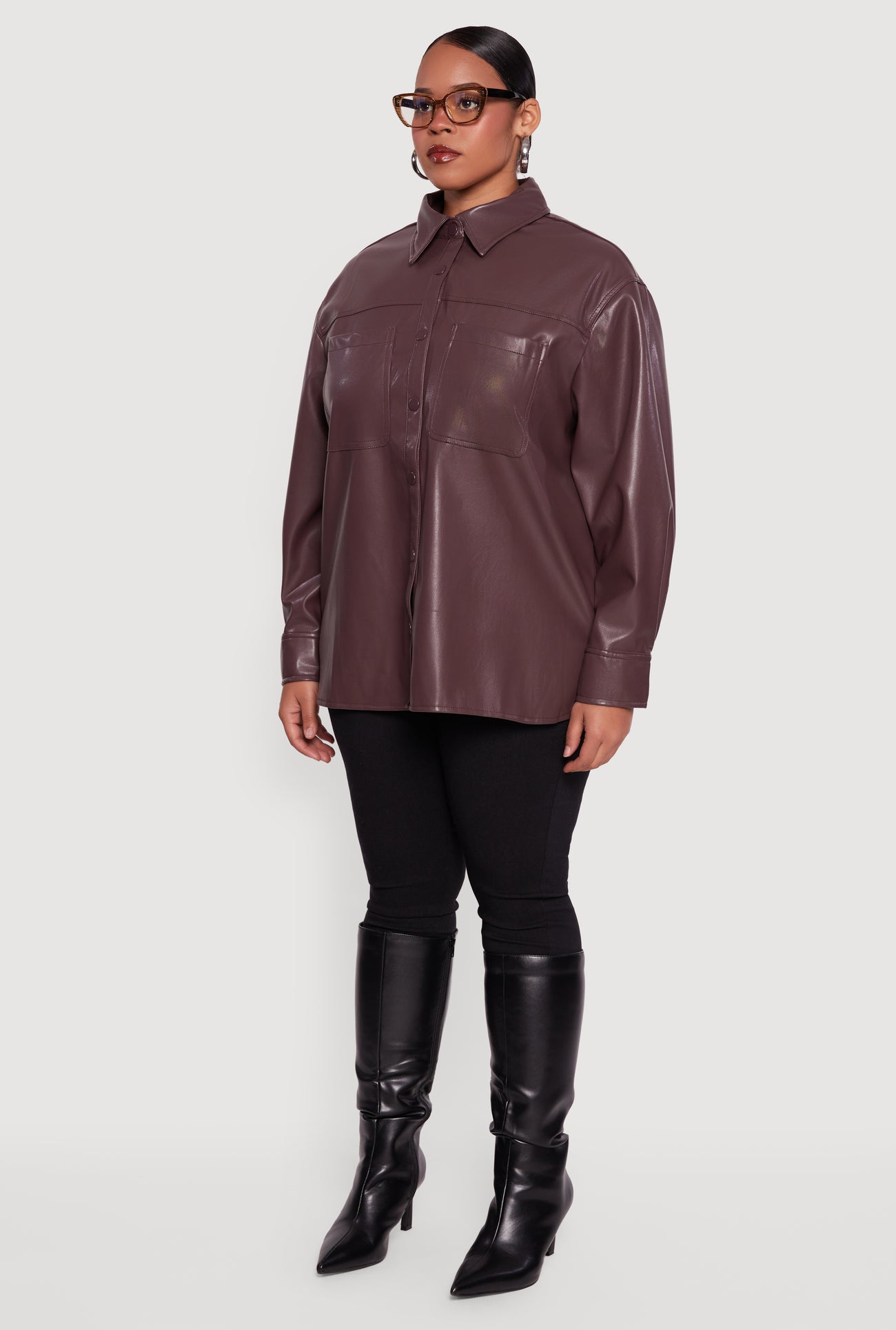 Plus Size Faux Leather Snap Button Front Shacket