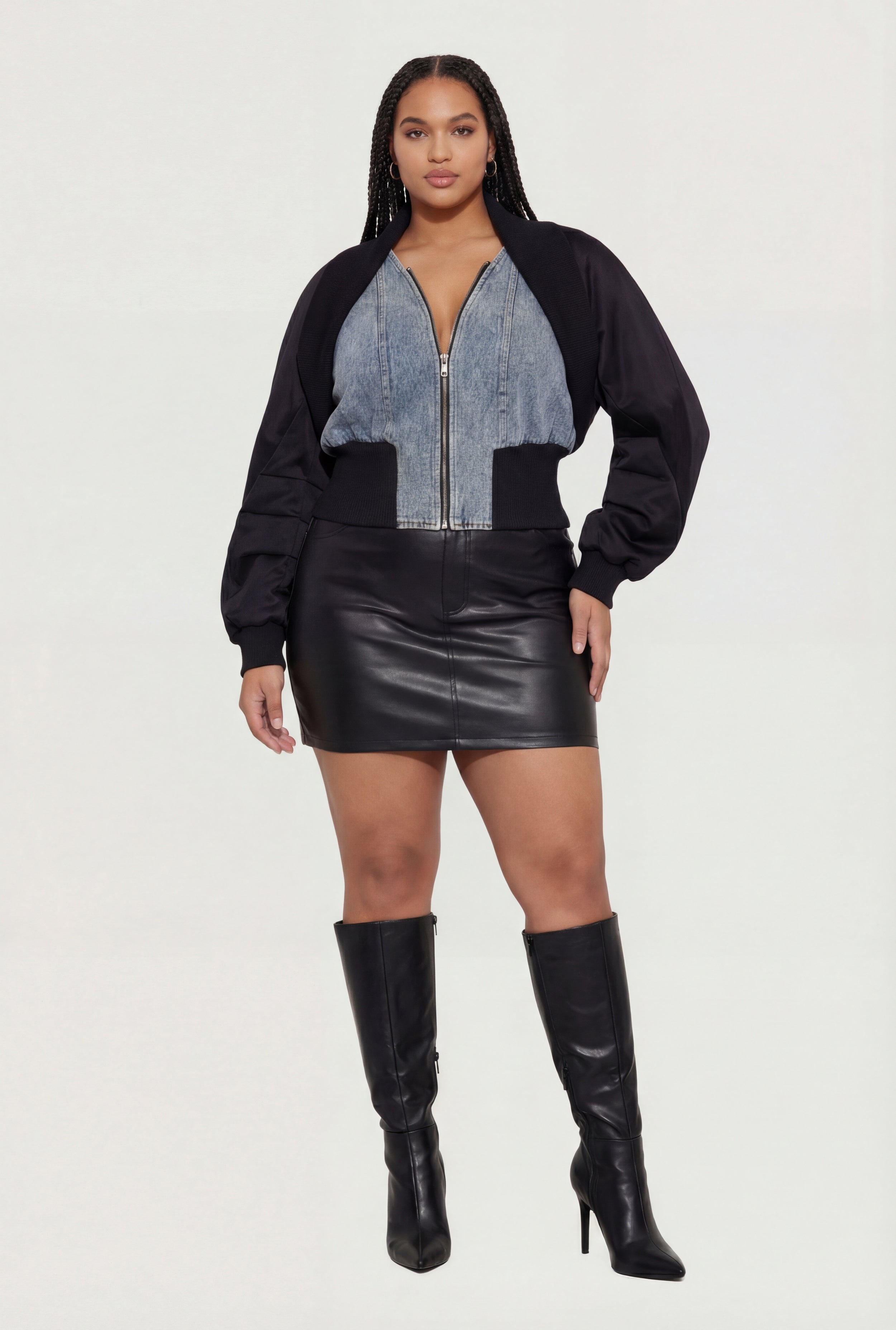 Plus Size Hybrid Denim Zip Front Jacket