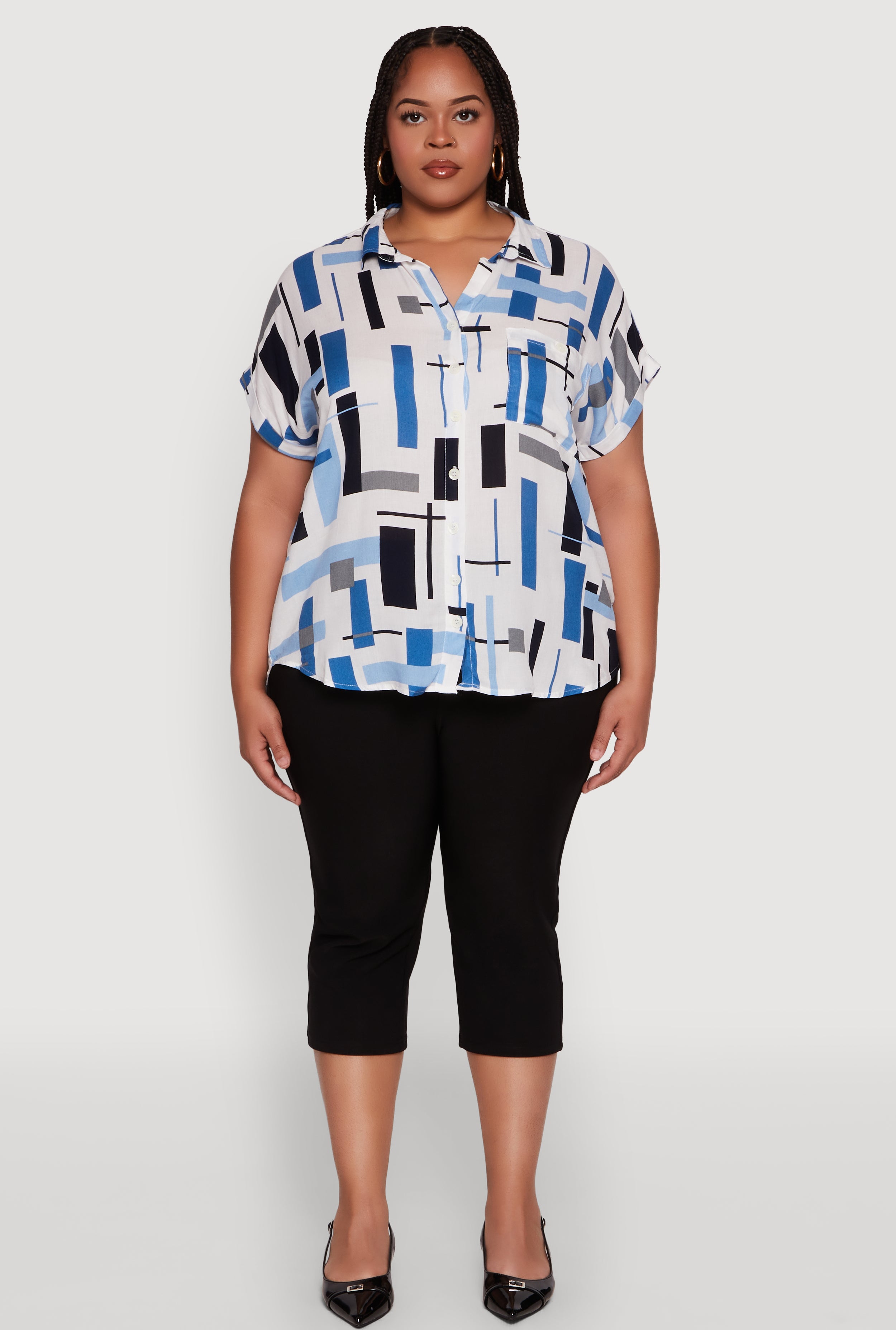 Plus Size Abstract Patterned Button Front High Low Shirt