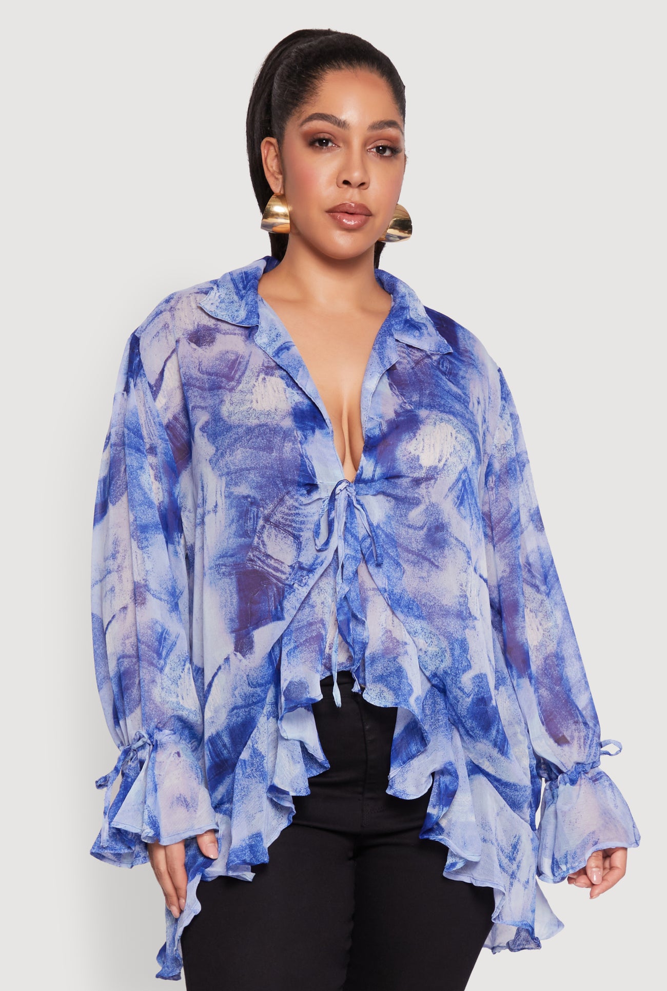 Plus Size Sheer Printed Ruffle Tie Front Top