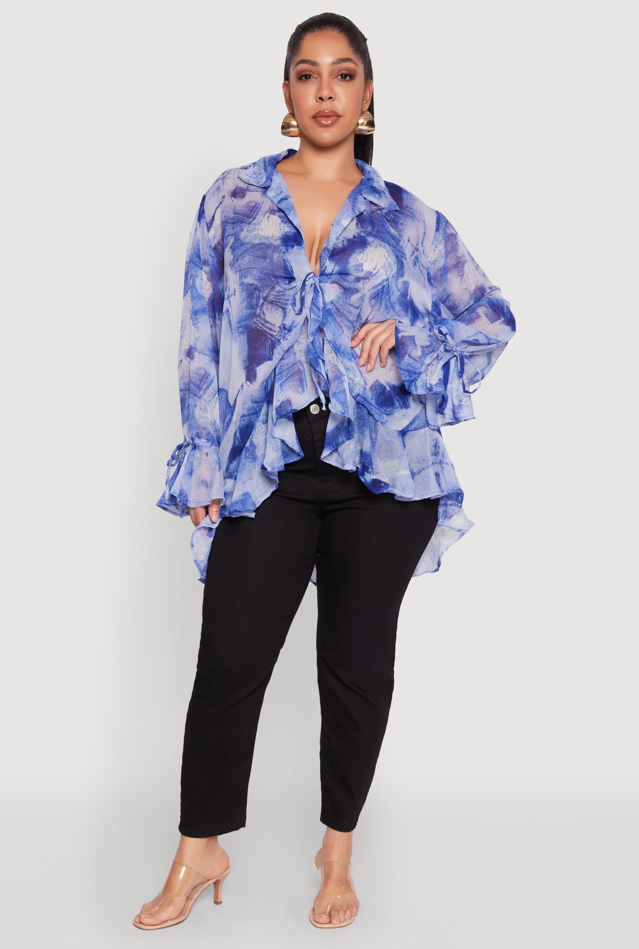 Plus Size Sheer Printed Ruffle Tie Front Top