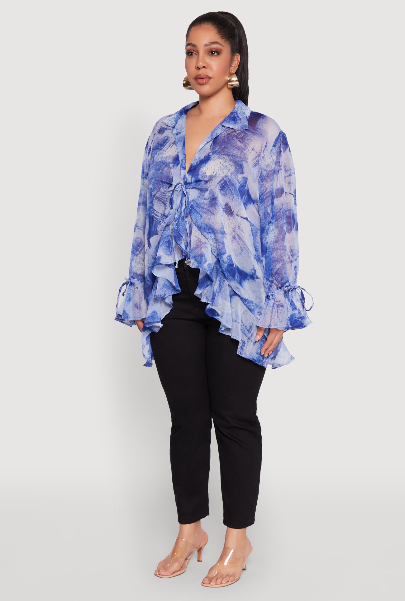 Plus Size Sheer Printed Ruffle Tie Front Top