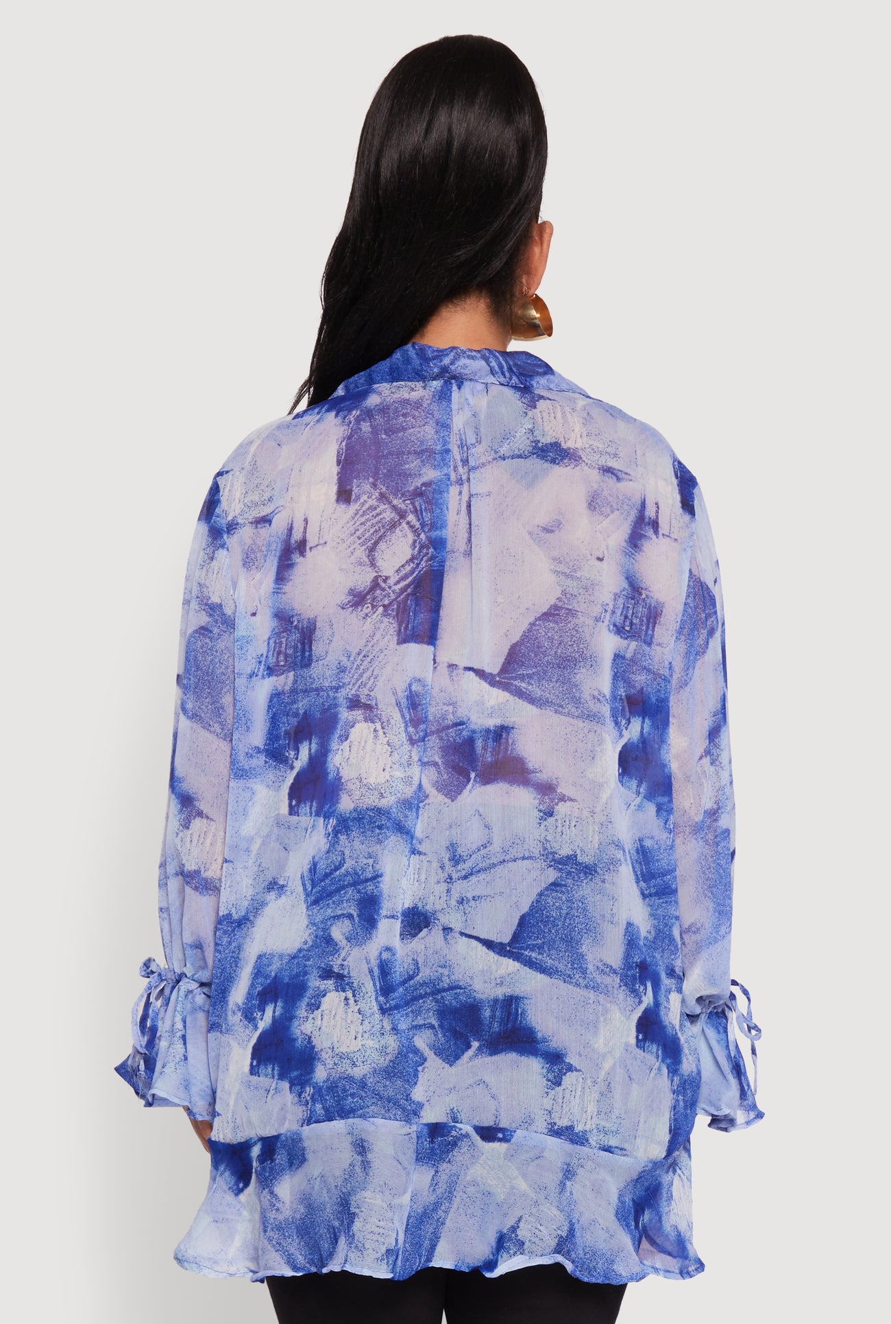 Plus Size Sheer Printed Ruffle Tie Front Top