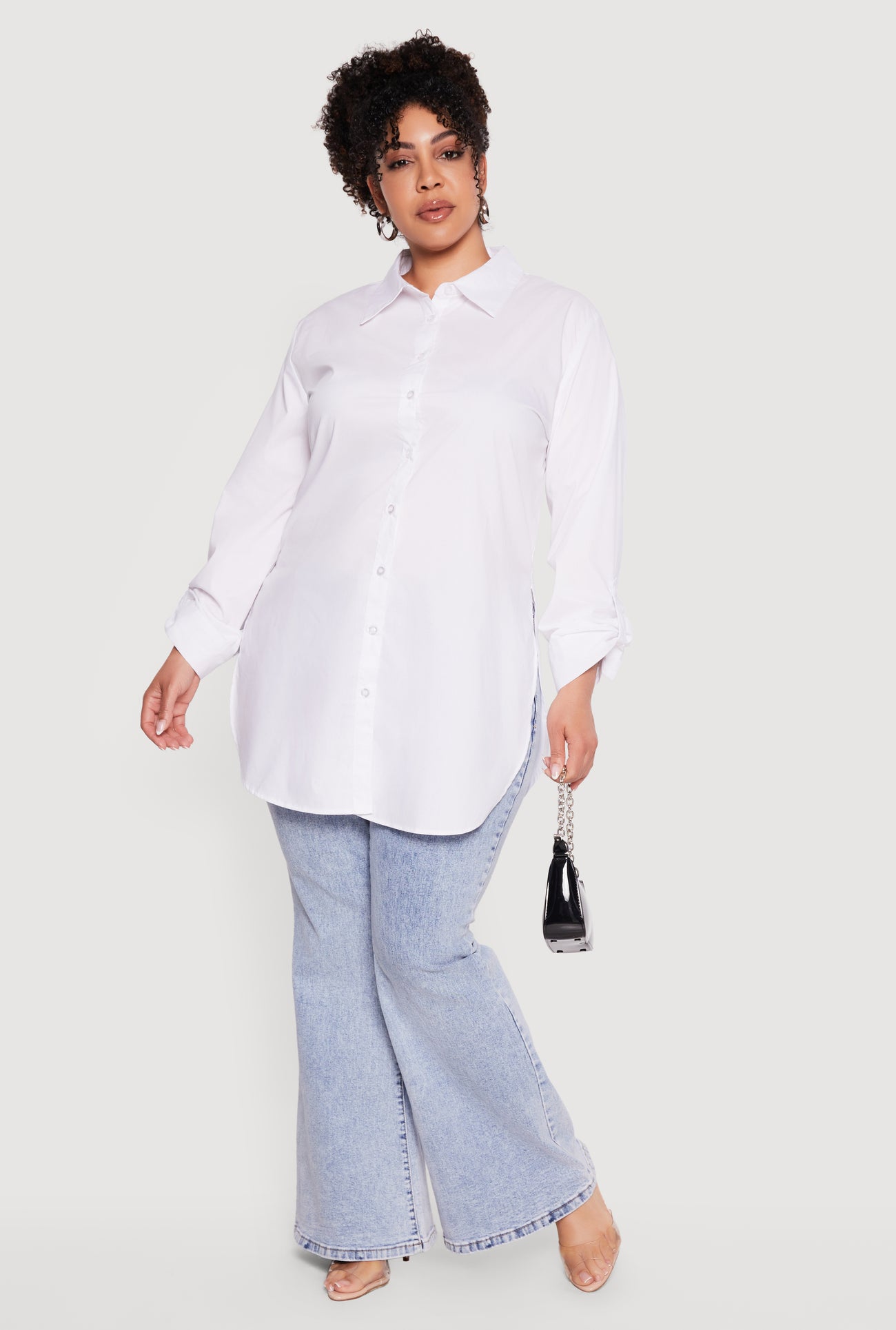 long sleeve tunic dress plus size Plus Size Tabbed Long Sleeve Button Front Tunic Shirt