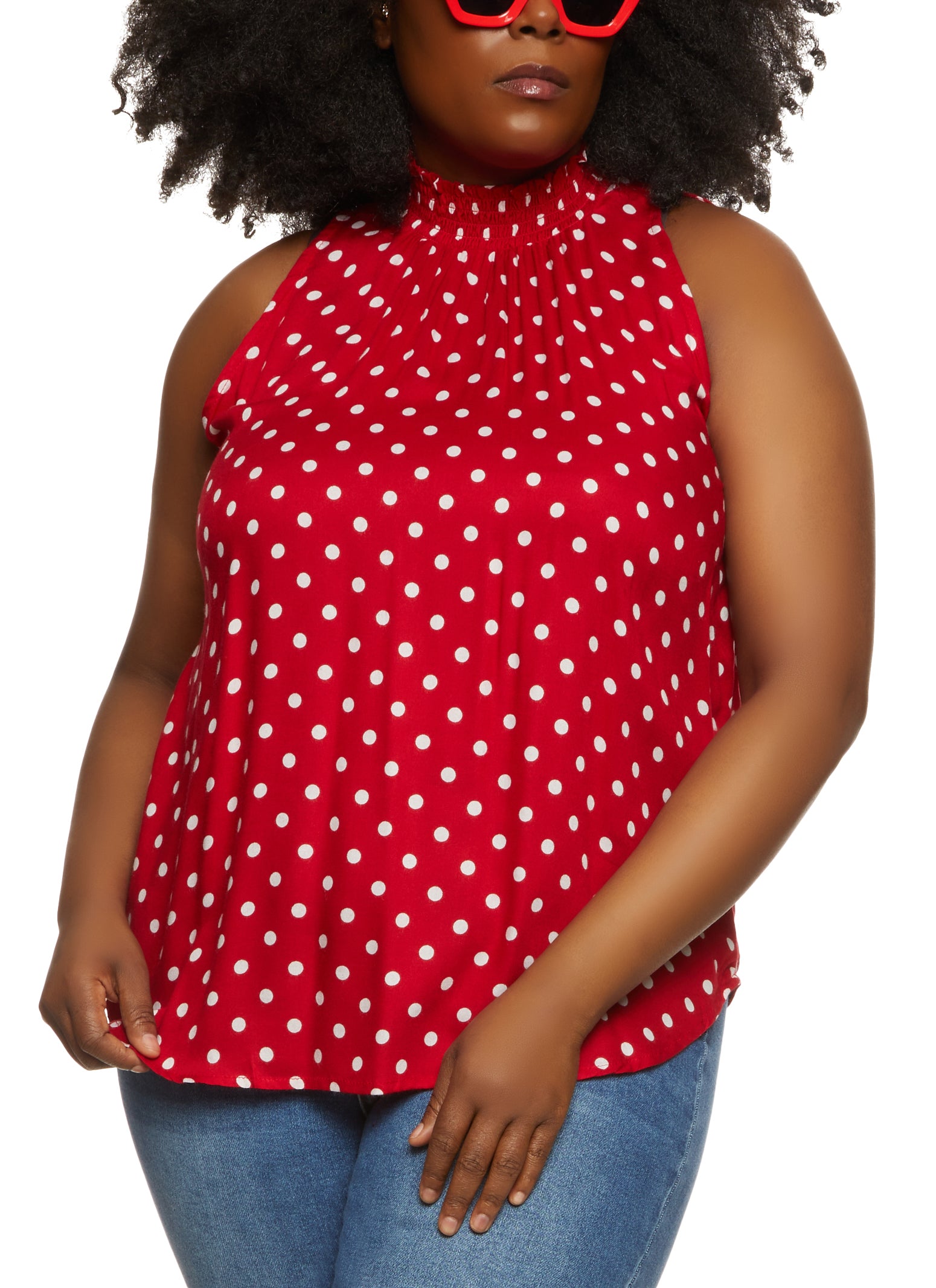 Plus Size Polka Dot Smocked Mock Neck Blouse