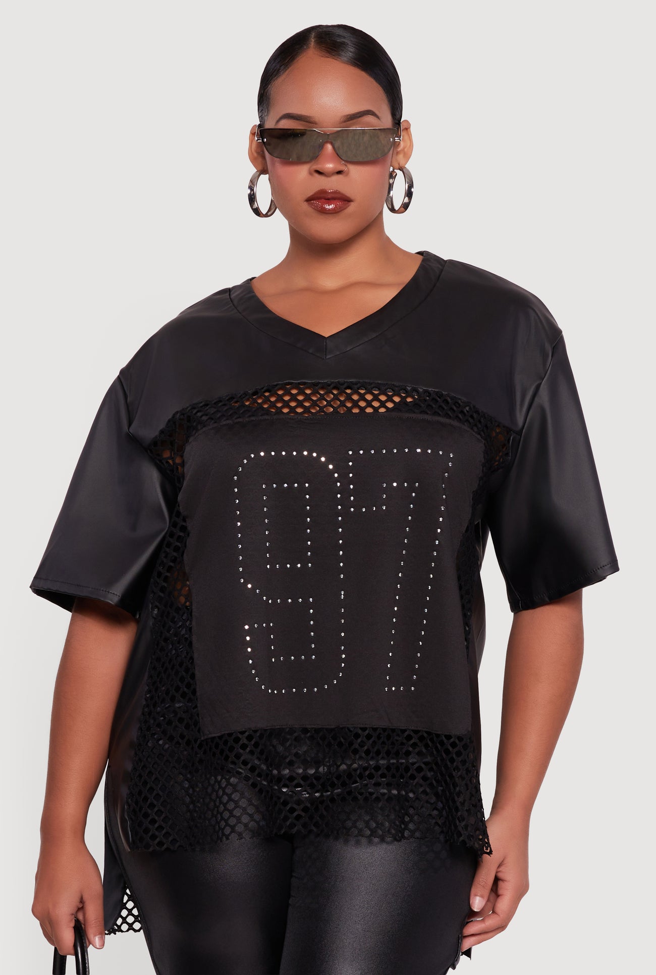 Plus Size Faux Leather Fishnet 97 Rhinestone Graphic Top