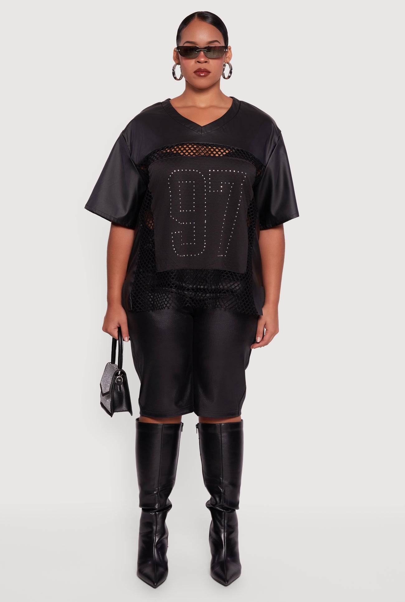 Plus Size Faux Leather Fishnet 97 Rhinestone Graphic Top