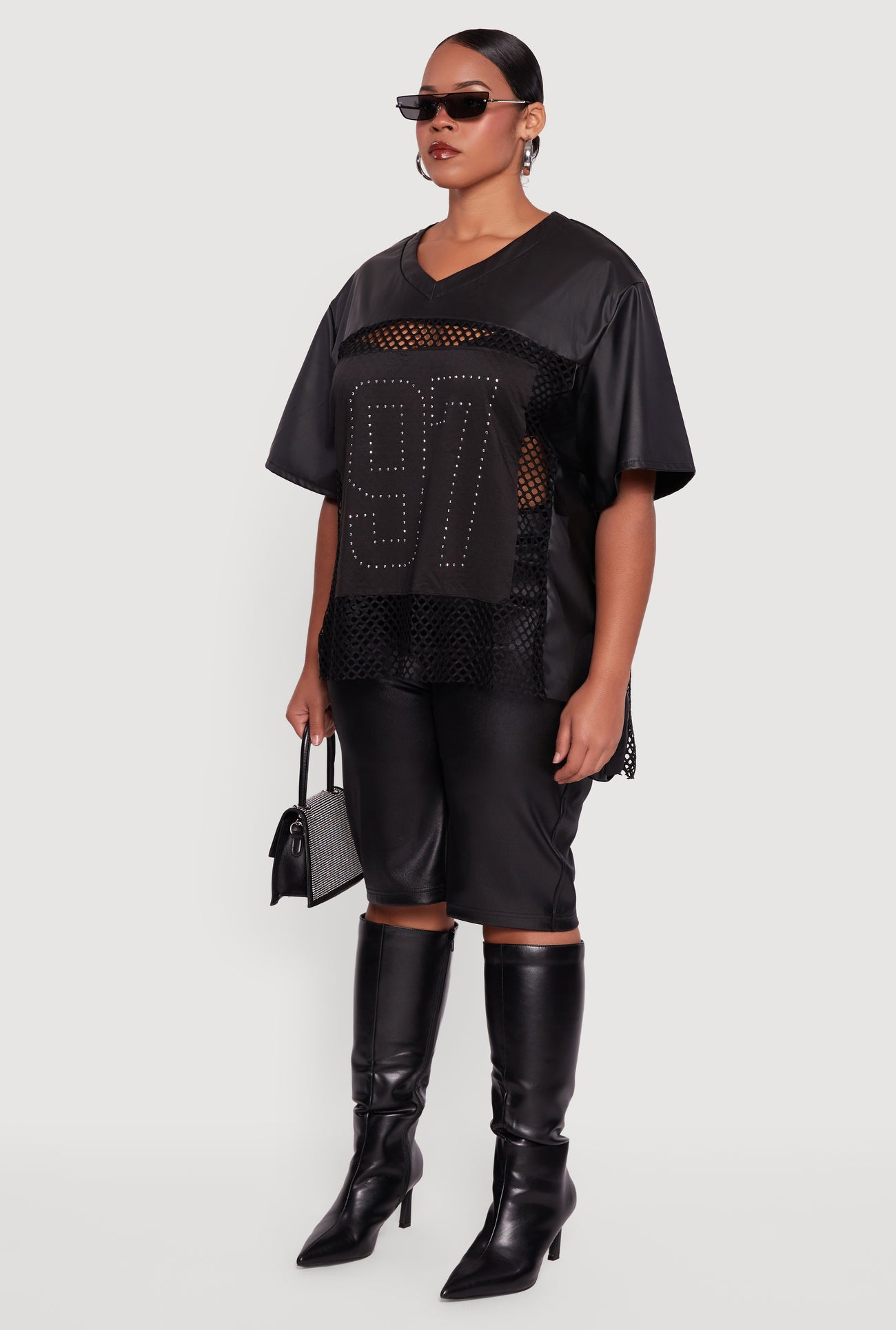 Plus Size Faux Leather Fishnet 97 Rhinestone Graphic Top