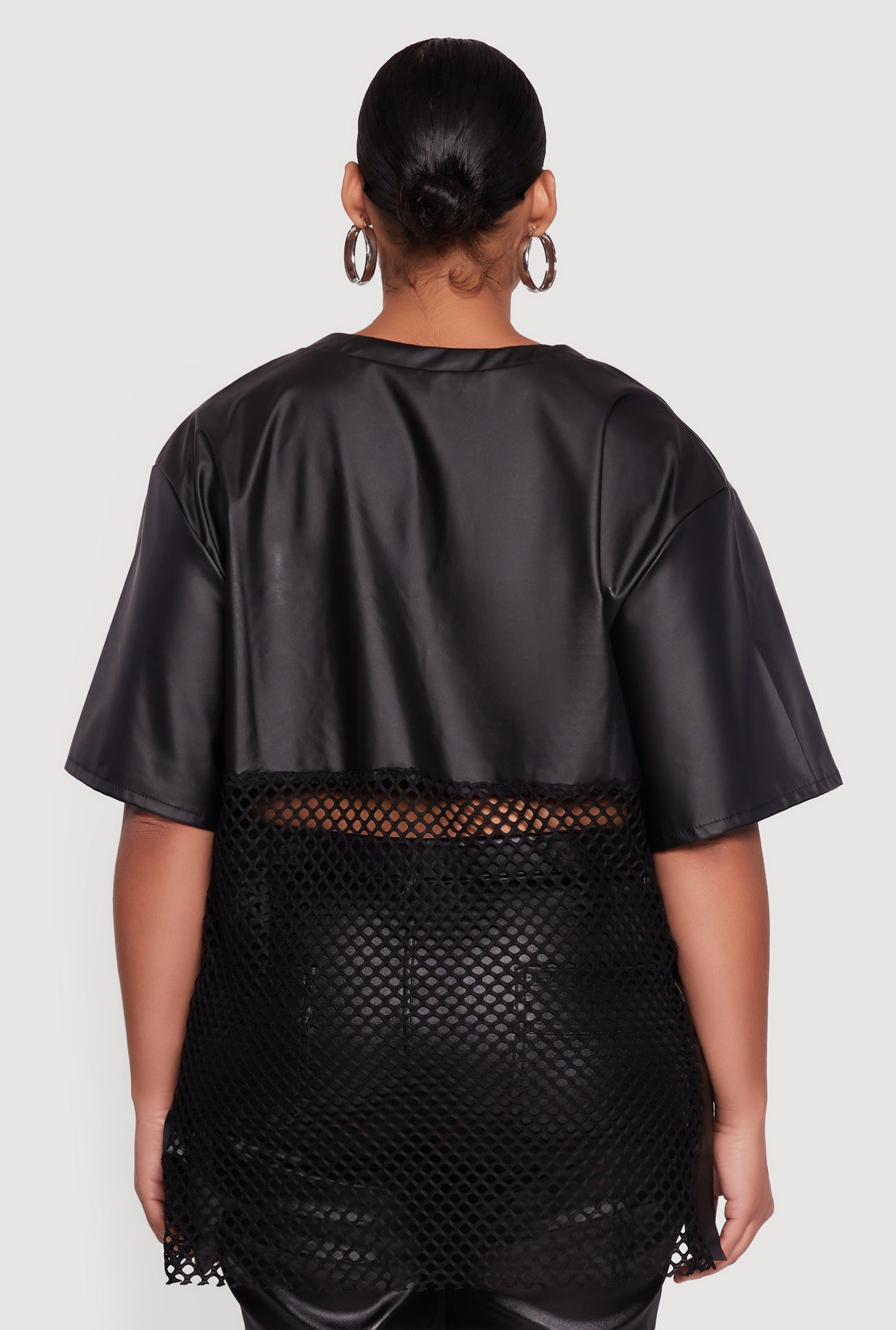 Plus Size Faux Leather Fishnet 97 Rhinestone Graphic Top