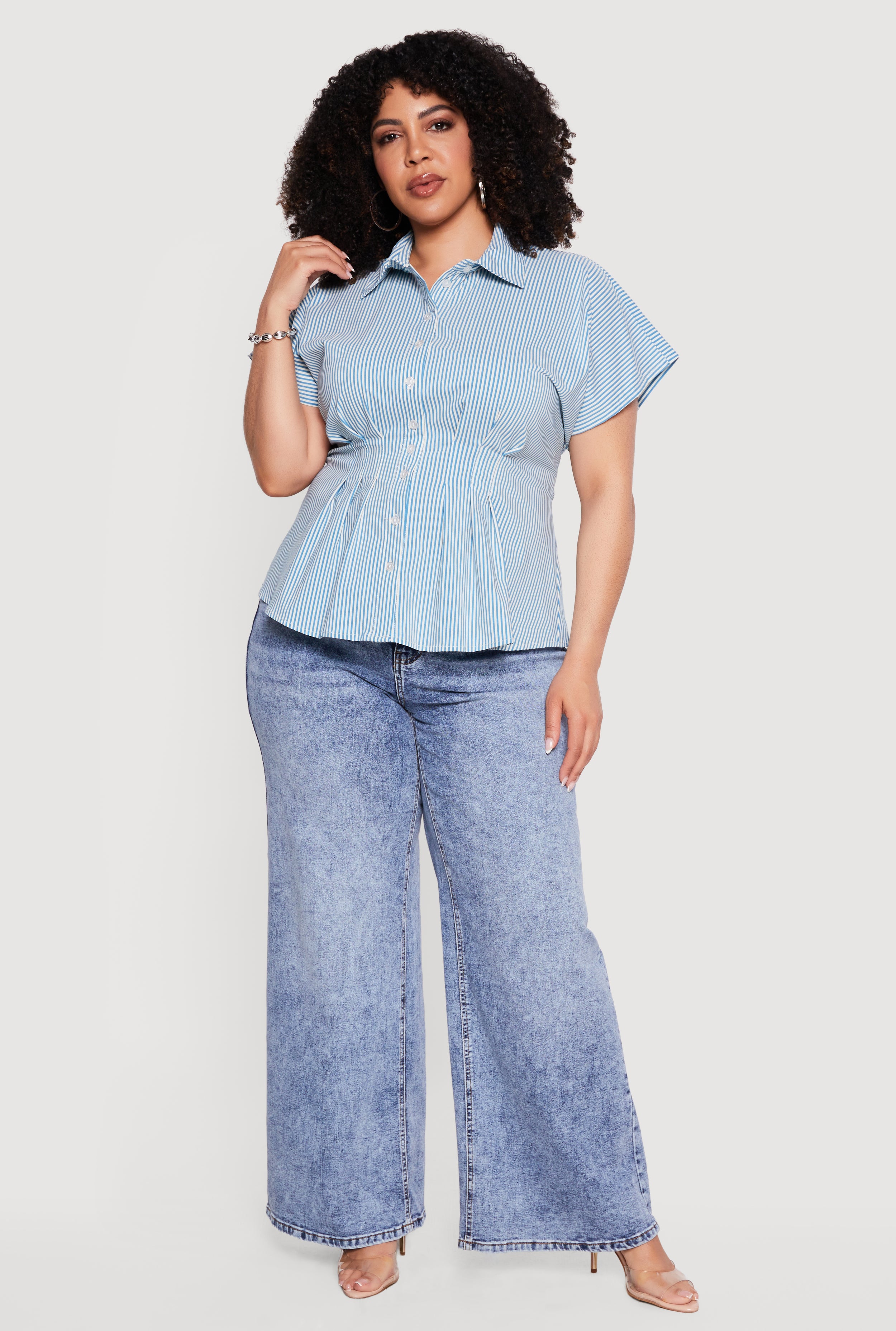 Plus Size Striped Dolman Sleeve Pleated Shirt