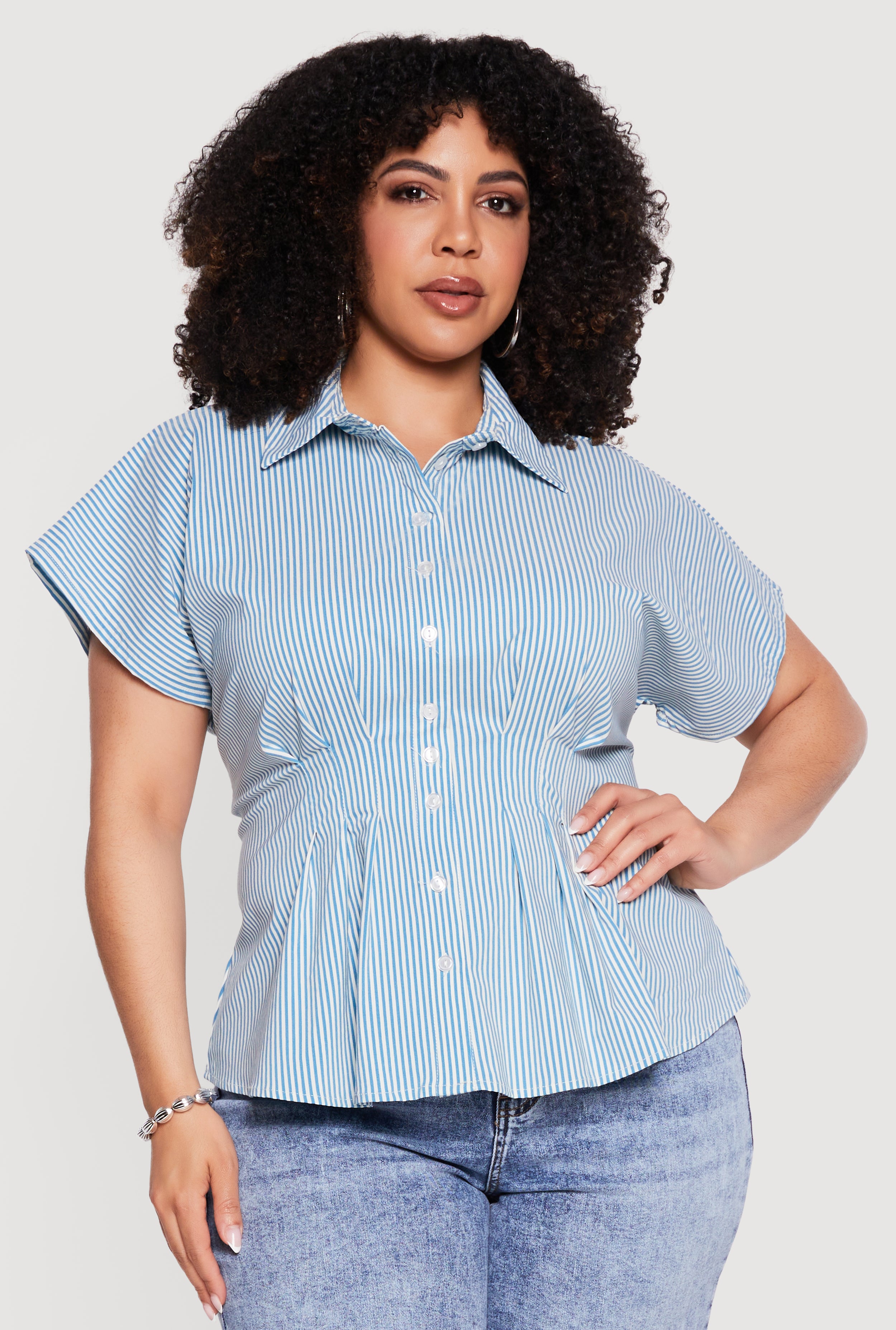 Plus Size Striped Dolman Sleeve Pleated Shirt