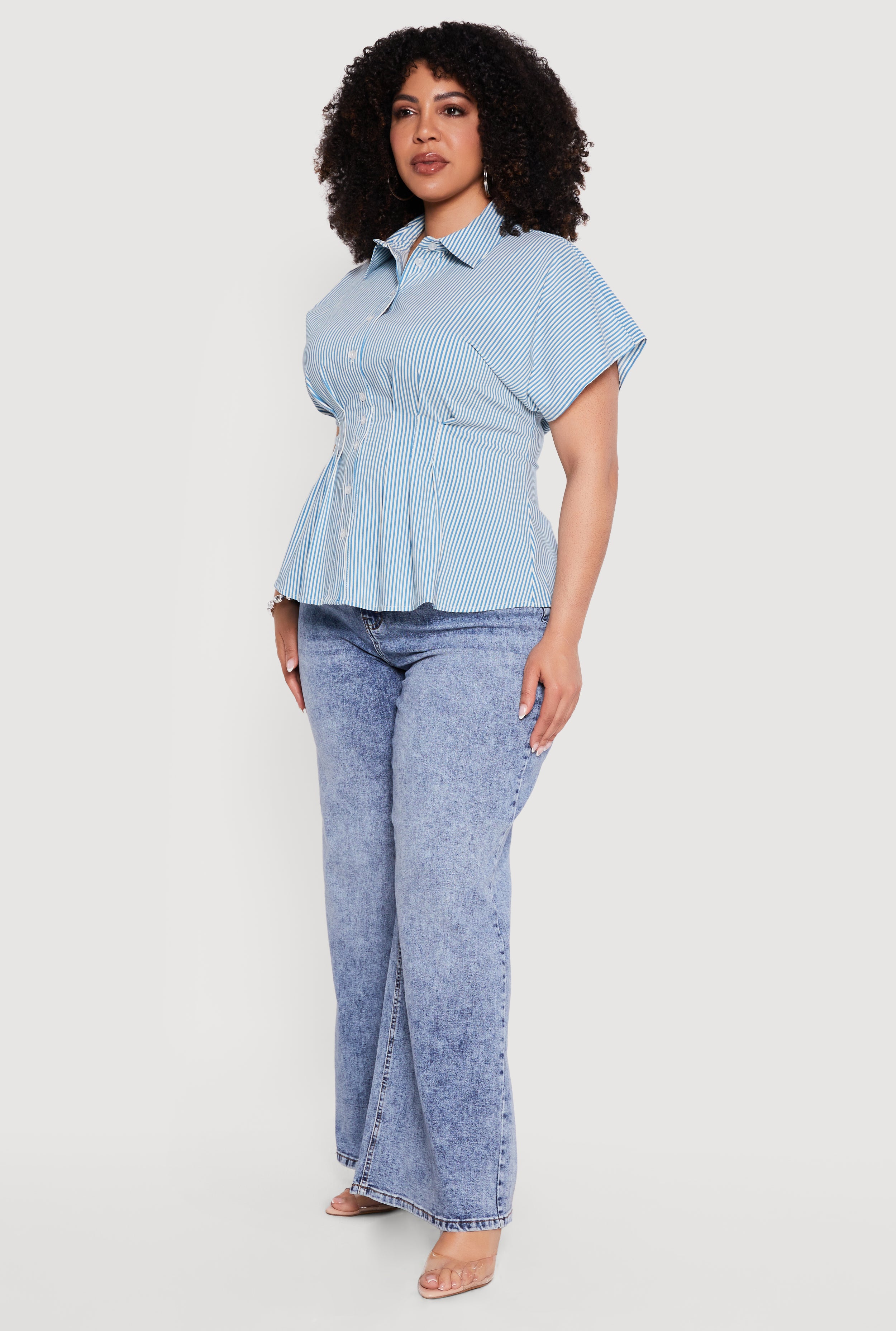 Plus Size Striped Dolman Sleeve Pleated Shirt