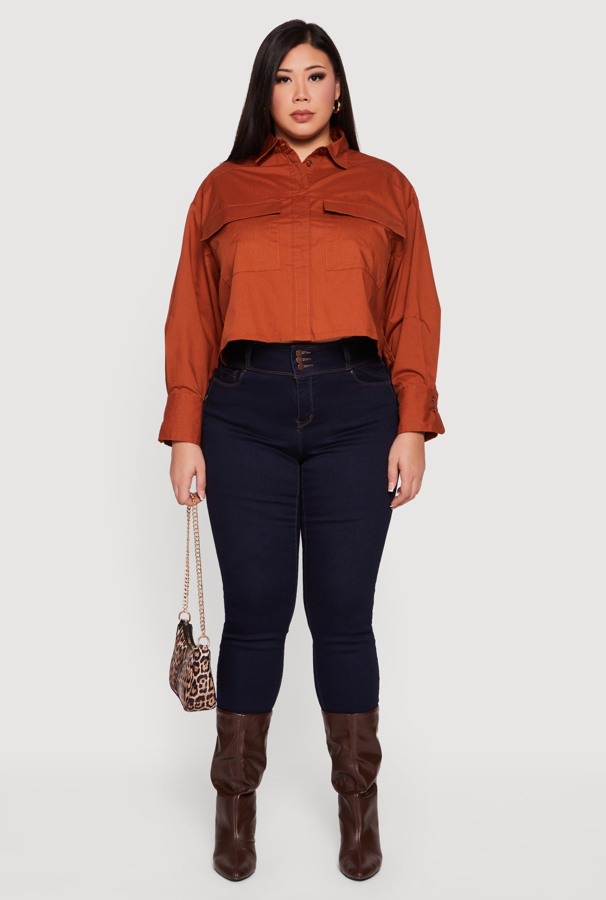 Plus Size Boxy Button Front Side Slit Shirt