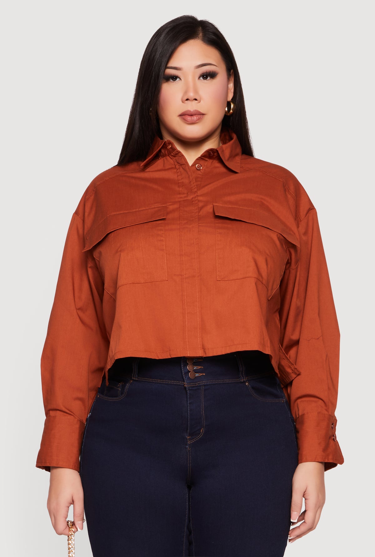 Plus Size Boxy Button Front Side Slit Shirt