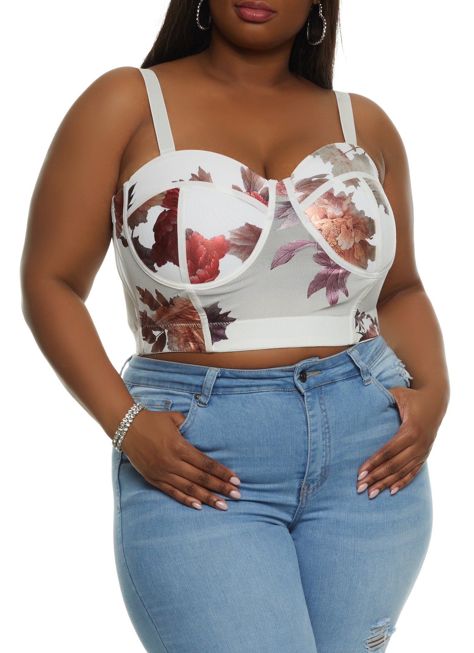 Plus Size Floral Cropped Bustier Top - White