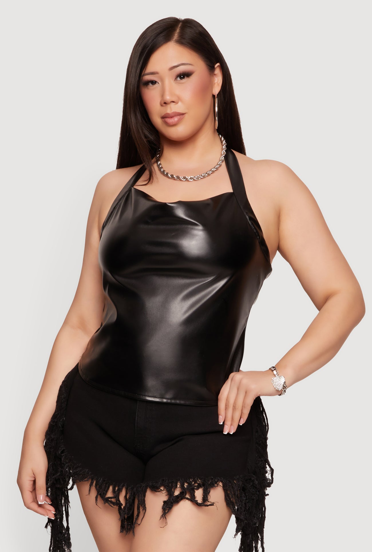 Plus Size Faux Leather Cowl Neck Halter Top Plus Size Faux Leather Cowl Neck Halter Top
