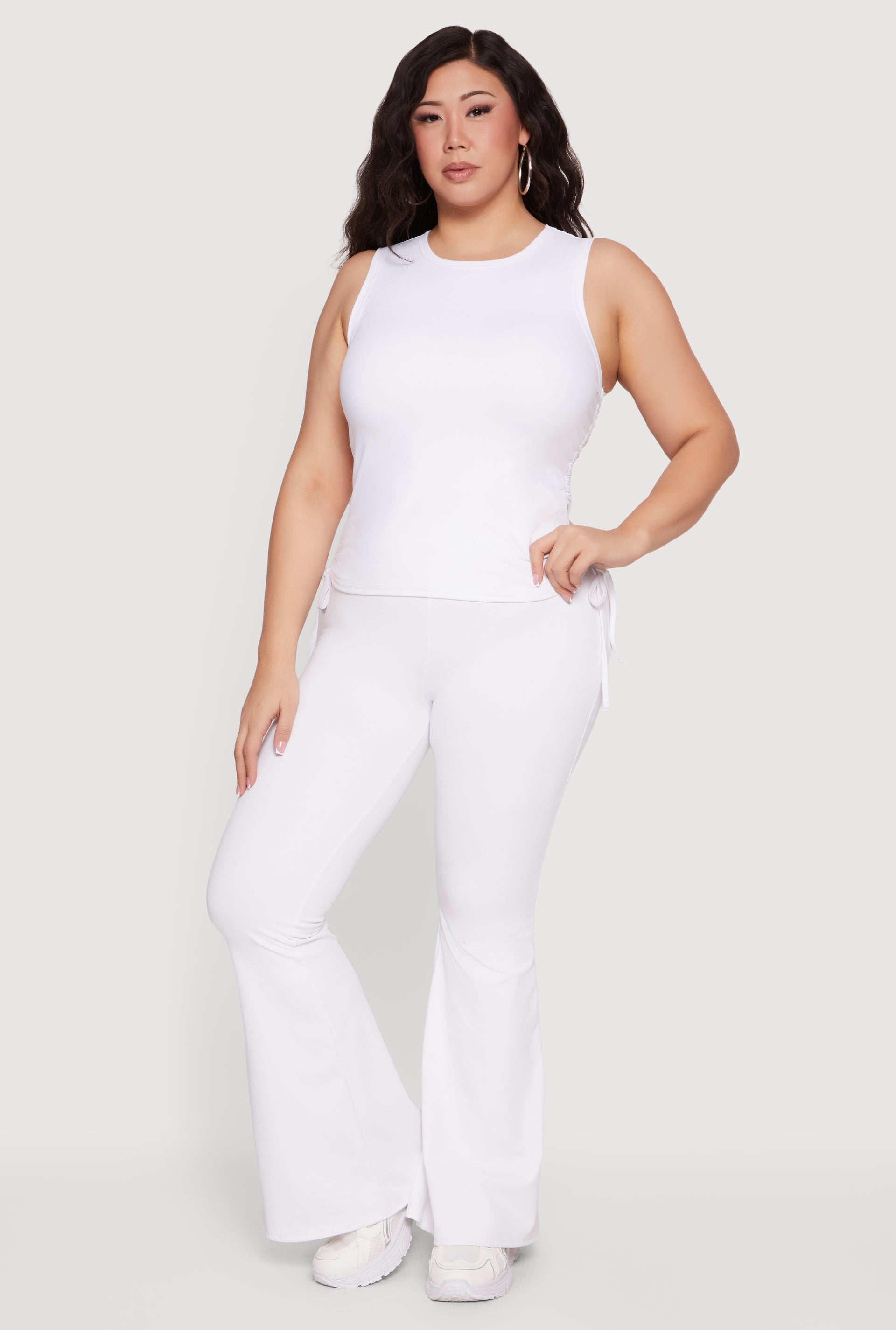 Womens Plus Size Stretchy High Waisted Flare Leg Pants, White, Size 3X