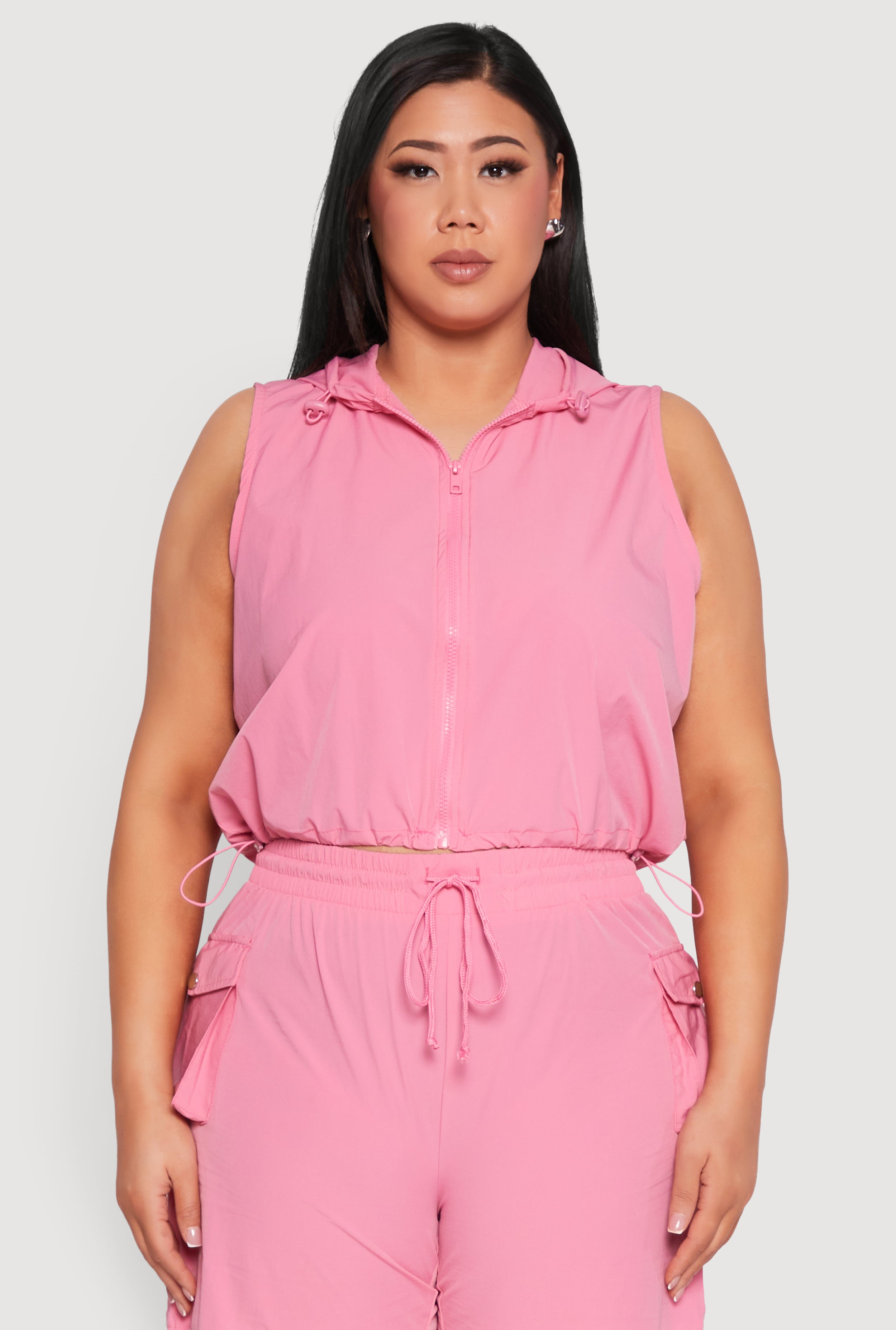 Plus Size Nylon Sleeveless Zip Front Hooded Top Plus Size Nylon Sleeveless Zip Front Hooded Top