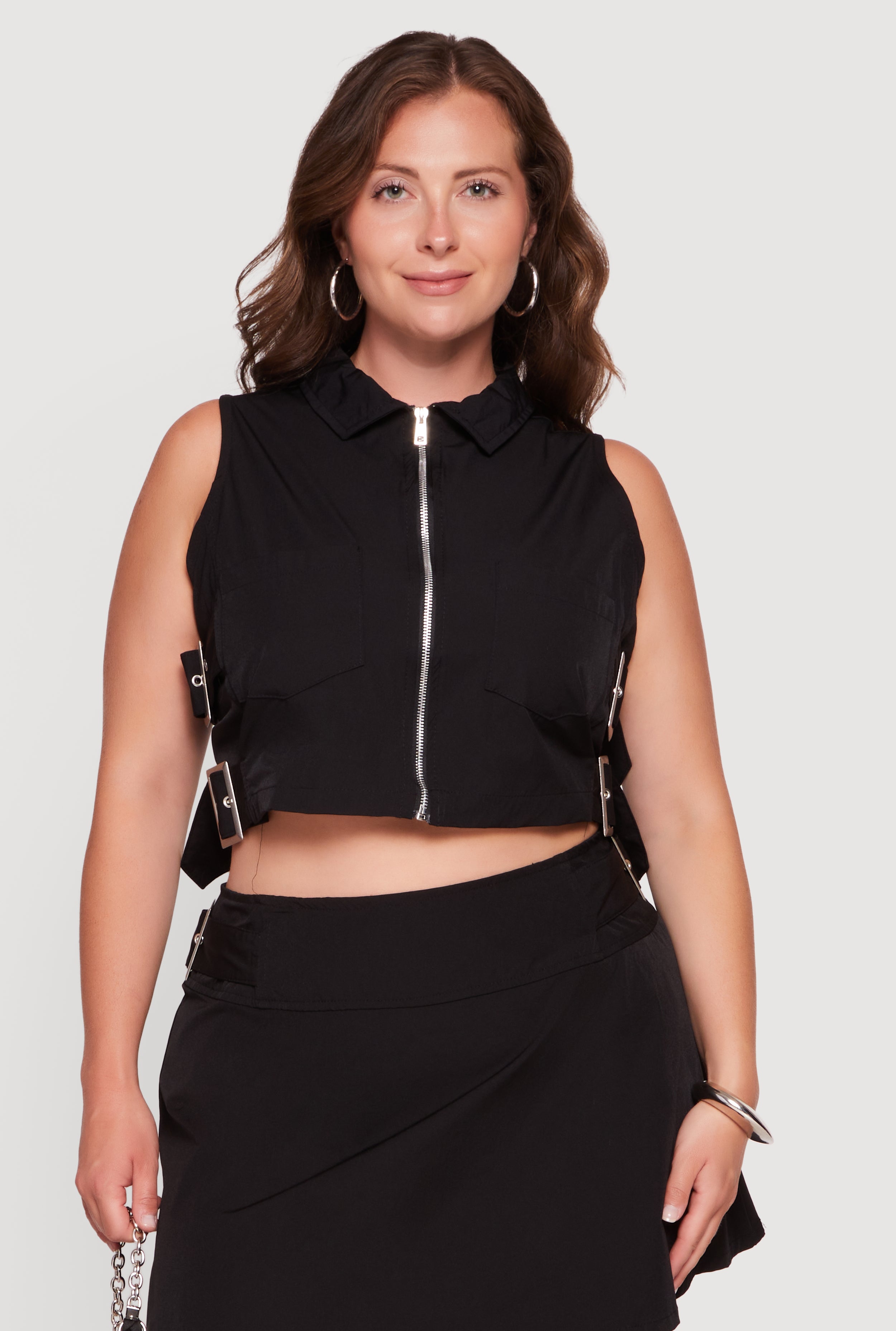 Plus Size Side Buckle Detail Zip Front Vest