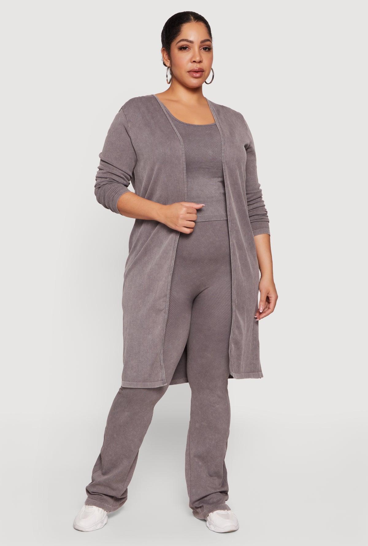 Plus Size Acid Wash Rib Knit Tank Top and Open Front Duster