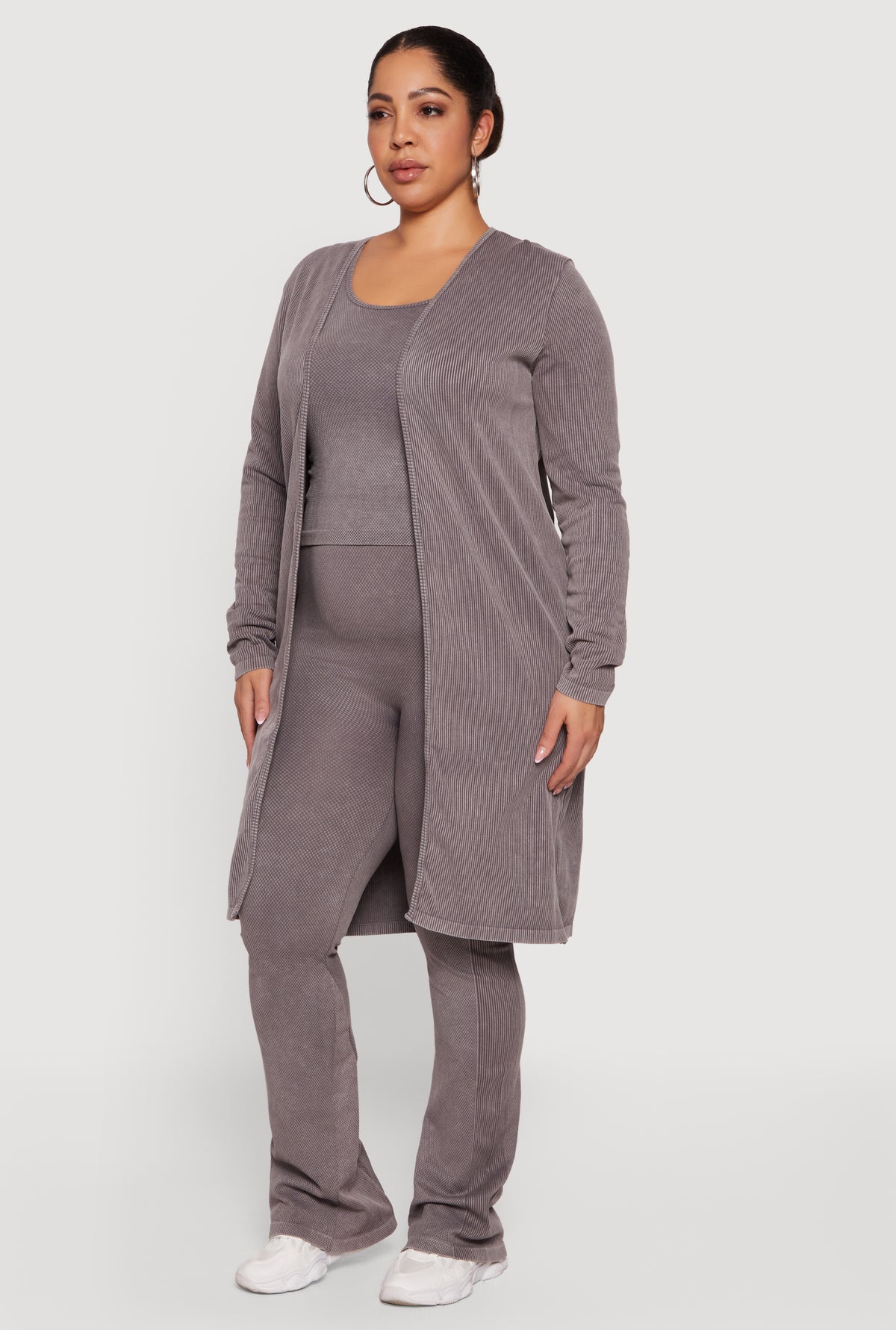 Plus Size Acid Wash Rib Knit Tank Top and Open Front Duster