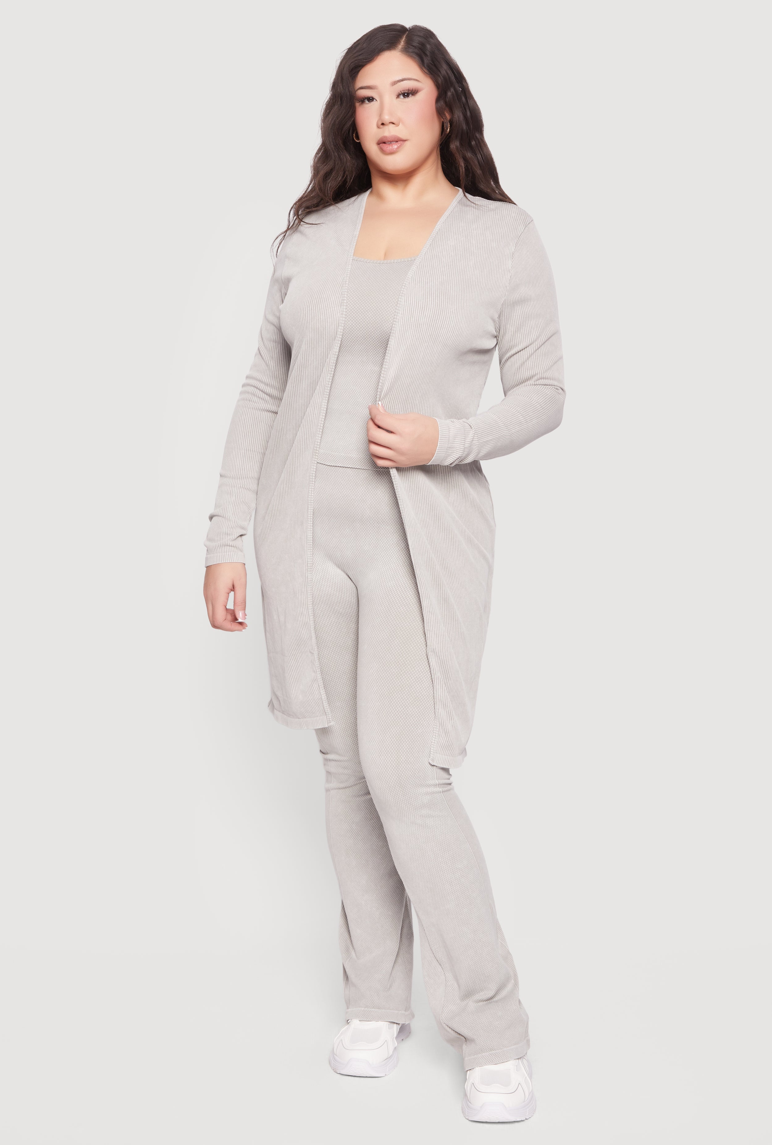 Plus Size Acid Wash Rib Knit Tank Top and Open Front Duster