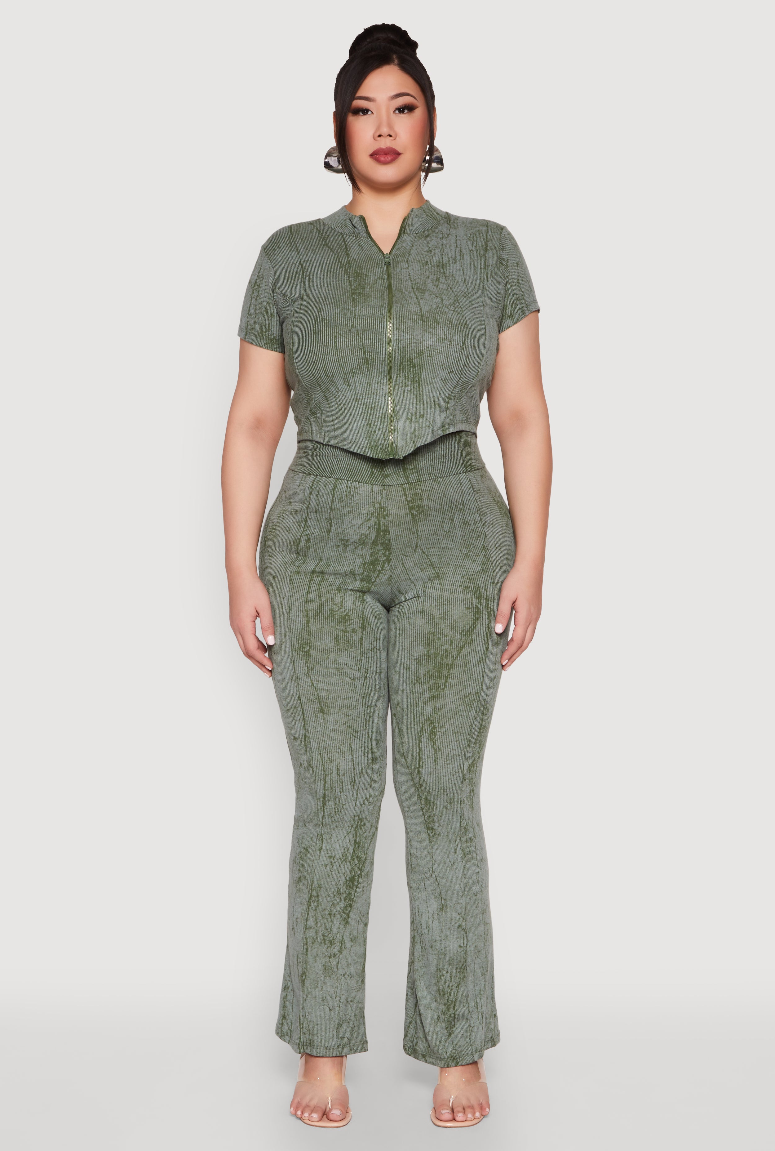 Plus Size Mineral Wash Zip Front Top olive Rainbow Shops Plus