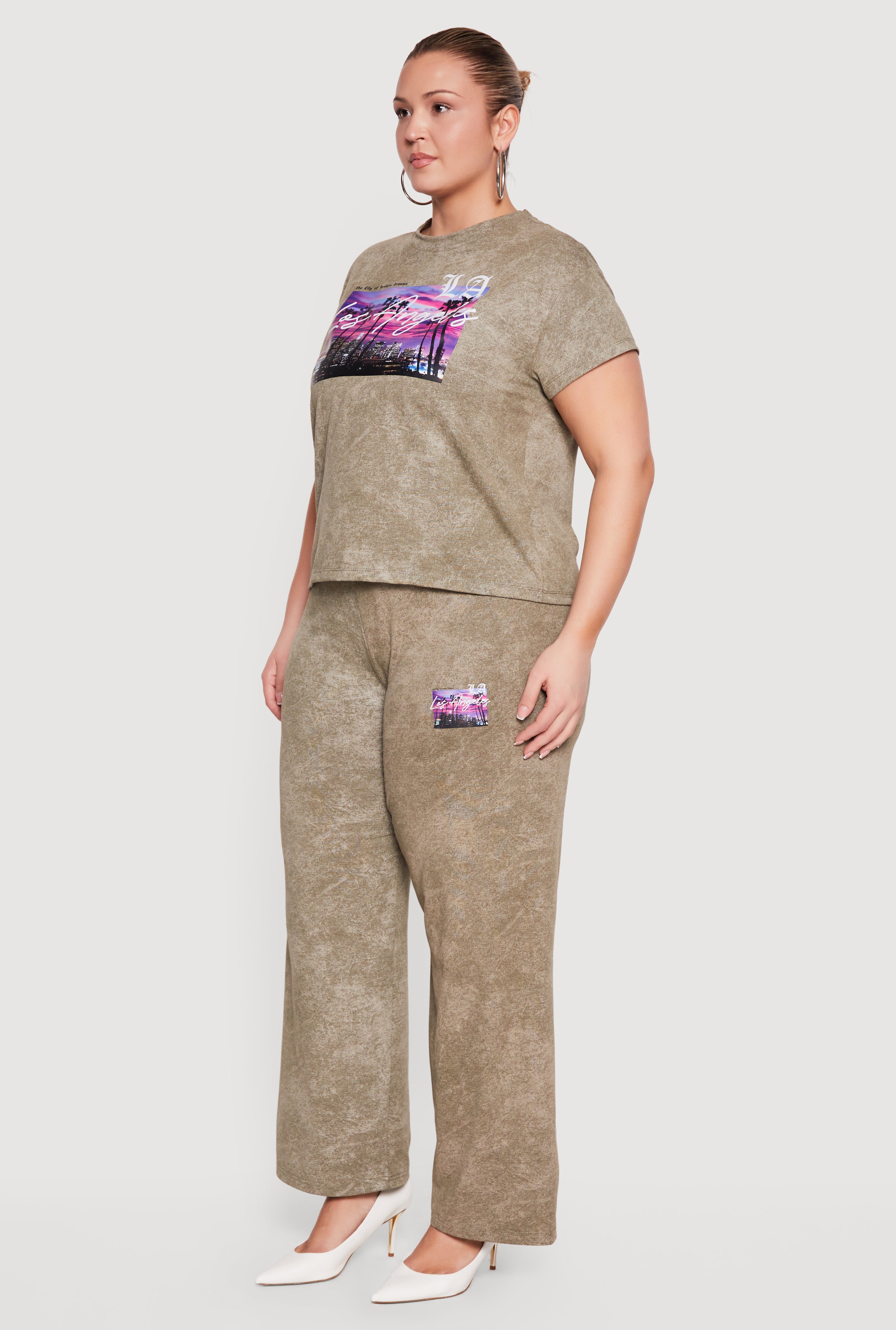 Plus Size Acid Wash Los Angeles Graphic Wide Leg Pants