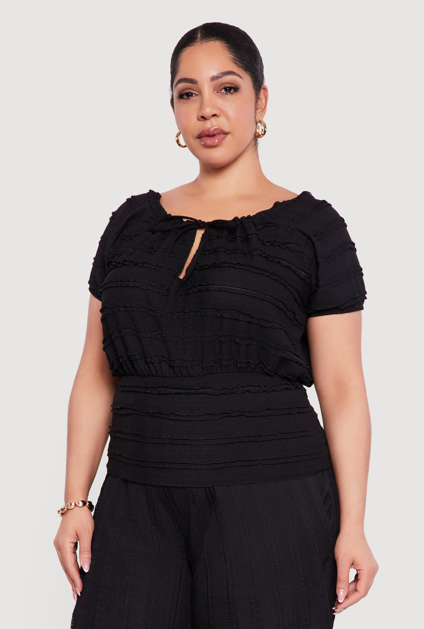Plus Size Tie Front Keyhole Cinched Waist Ruffle Blouse