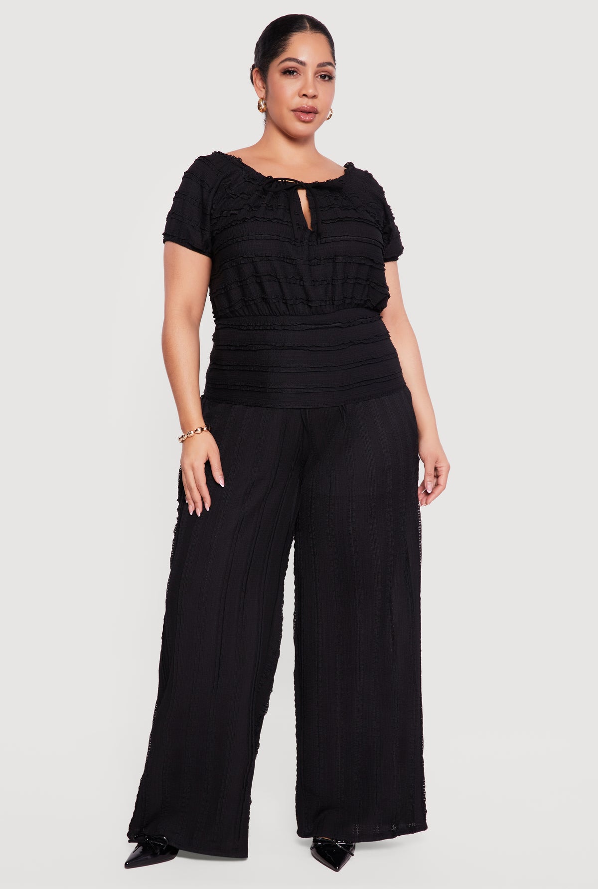 Plus Size Tie Front Keyhole Cinched Waist Ruffle Blouse