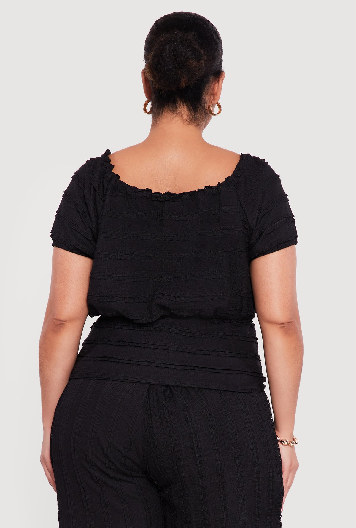 Plus Size Tie Front Keyhole Cinched Waist Ruffle Blouse