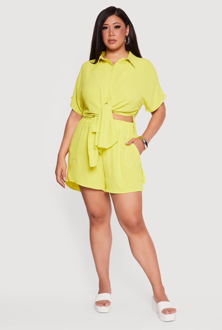 dress shorts women's plus size Final Sale 2pc Drawstring Blazer and High Waist in White Multi Color Tropical Print This short is made with earth Plus Size Effortless Comfort Shorts