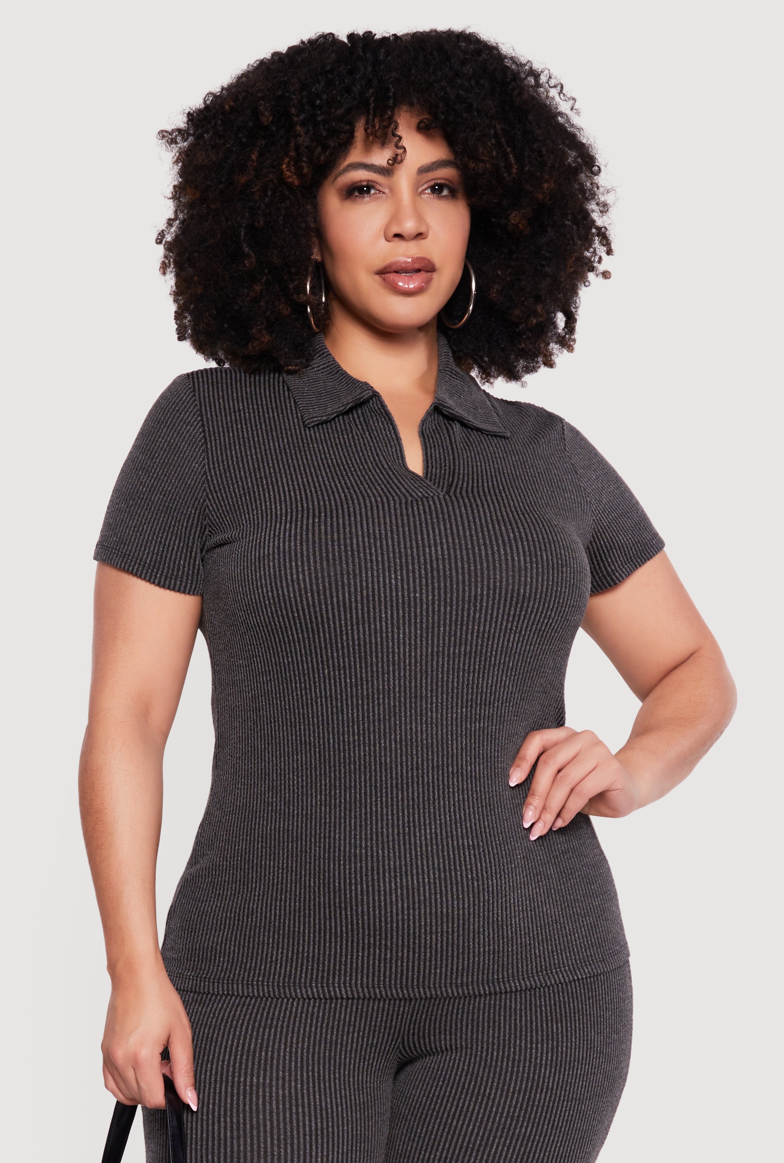 Plus Size Solid Rib Knit Short Sleeve Polo Top