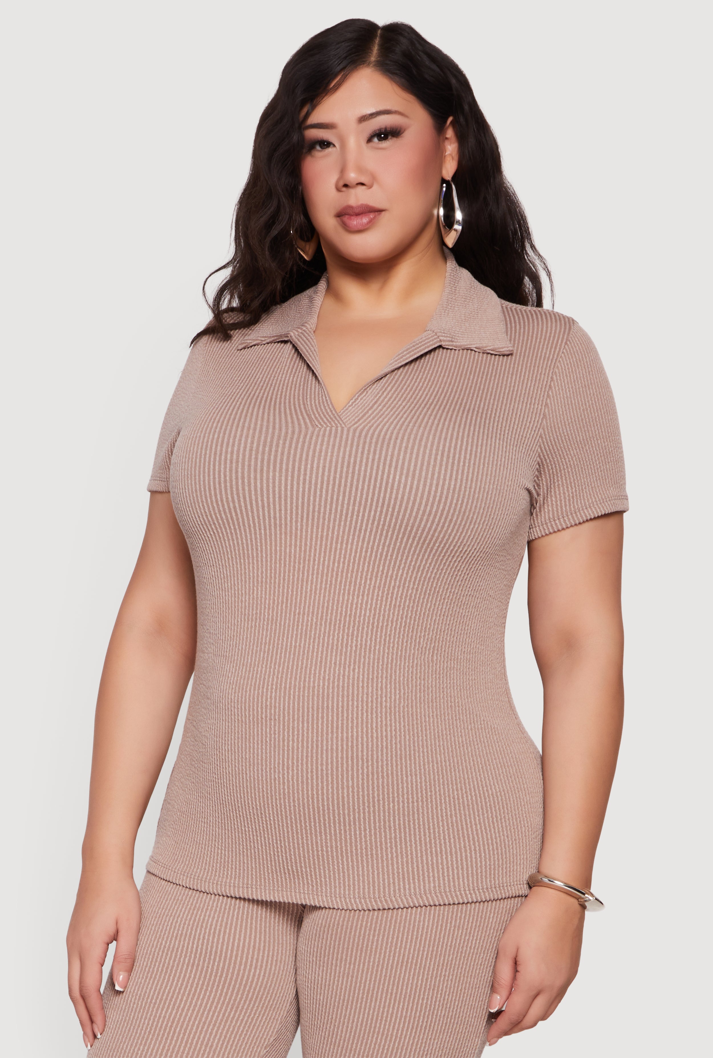 Plus Size Solid Rib Knit Short Sleeve Polo Top