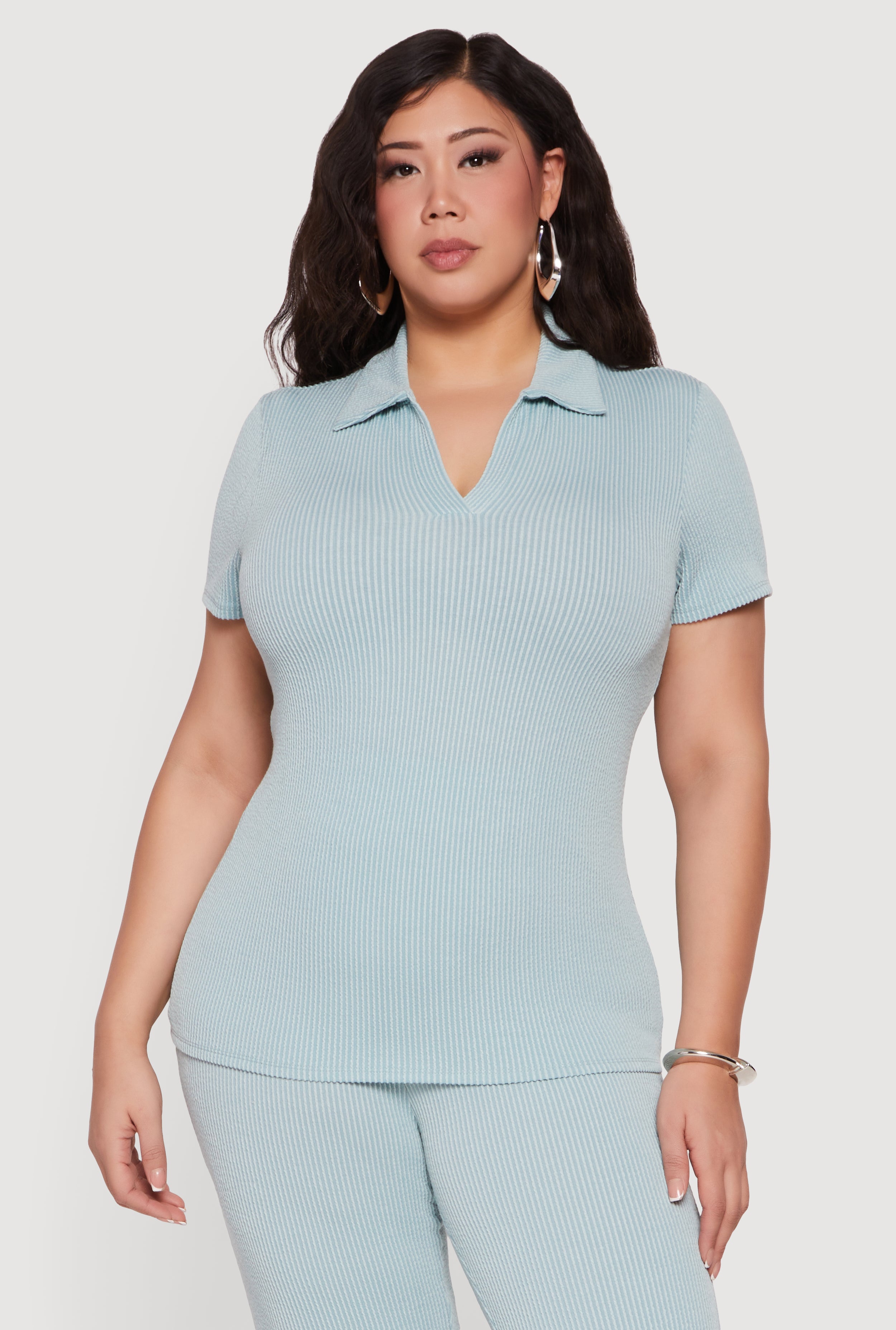 Plus Size Solid Rib Knit Short Sleeve Polo Top