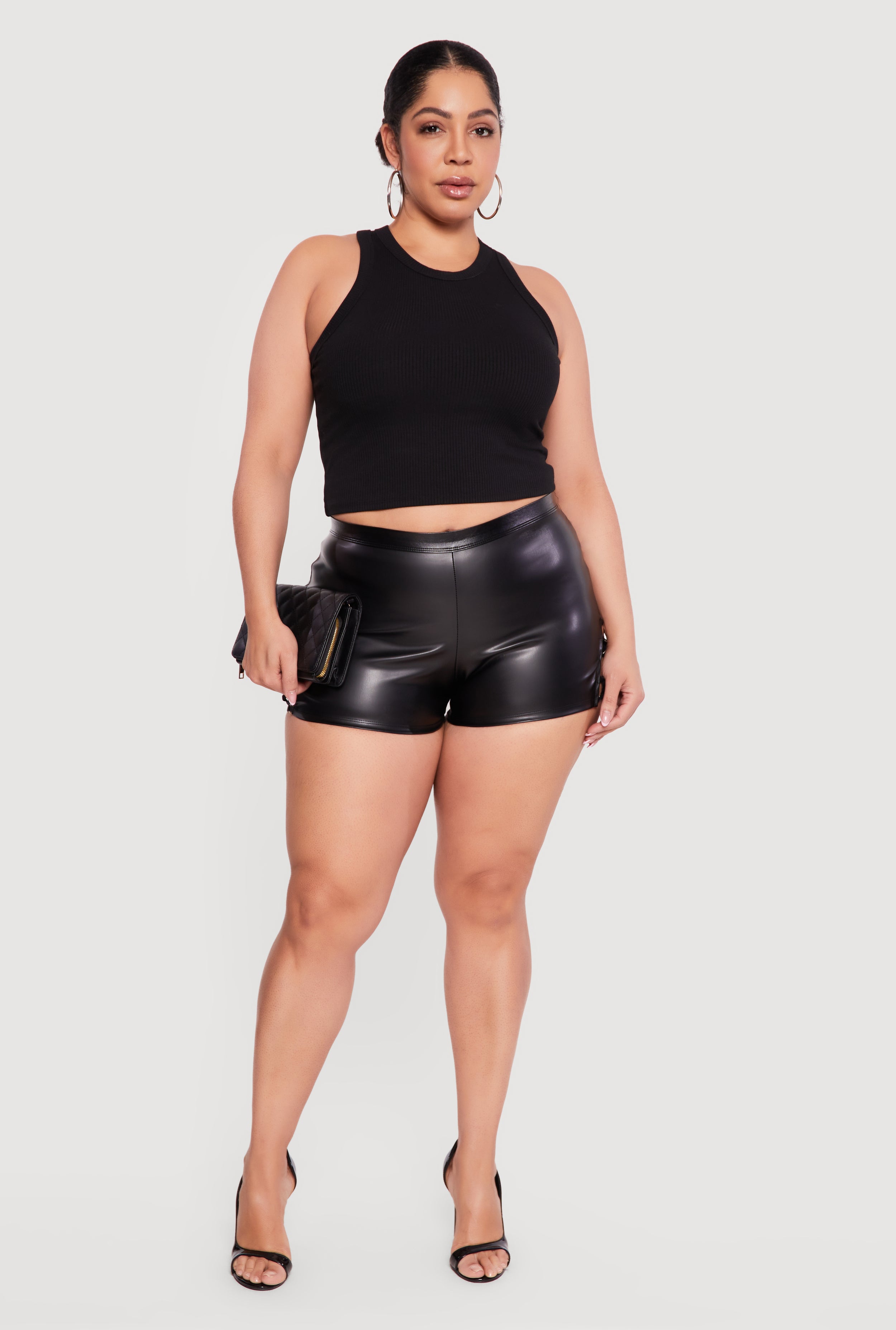 Plus Size Side Caged Faux Leather Shorts