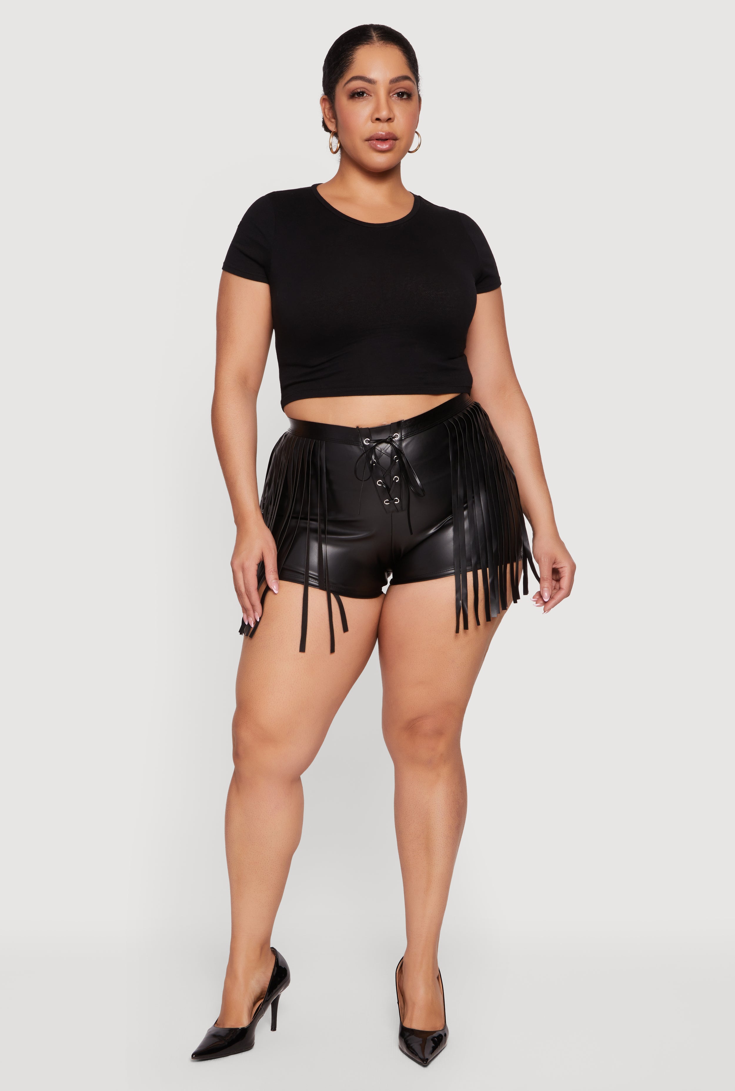 Plus Size Faux Leather Lace Up Front Fringe Side Shorts